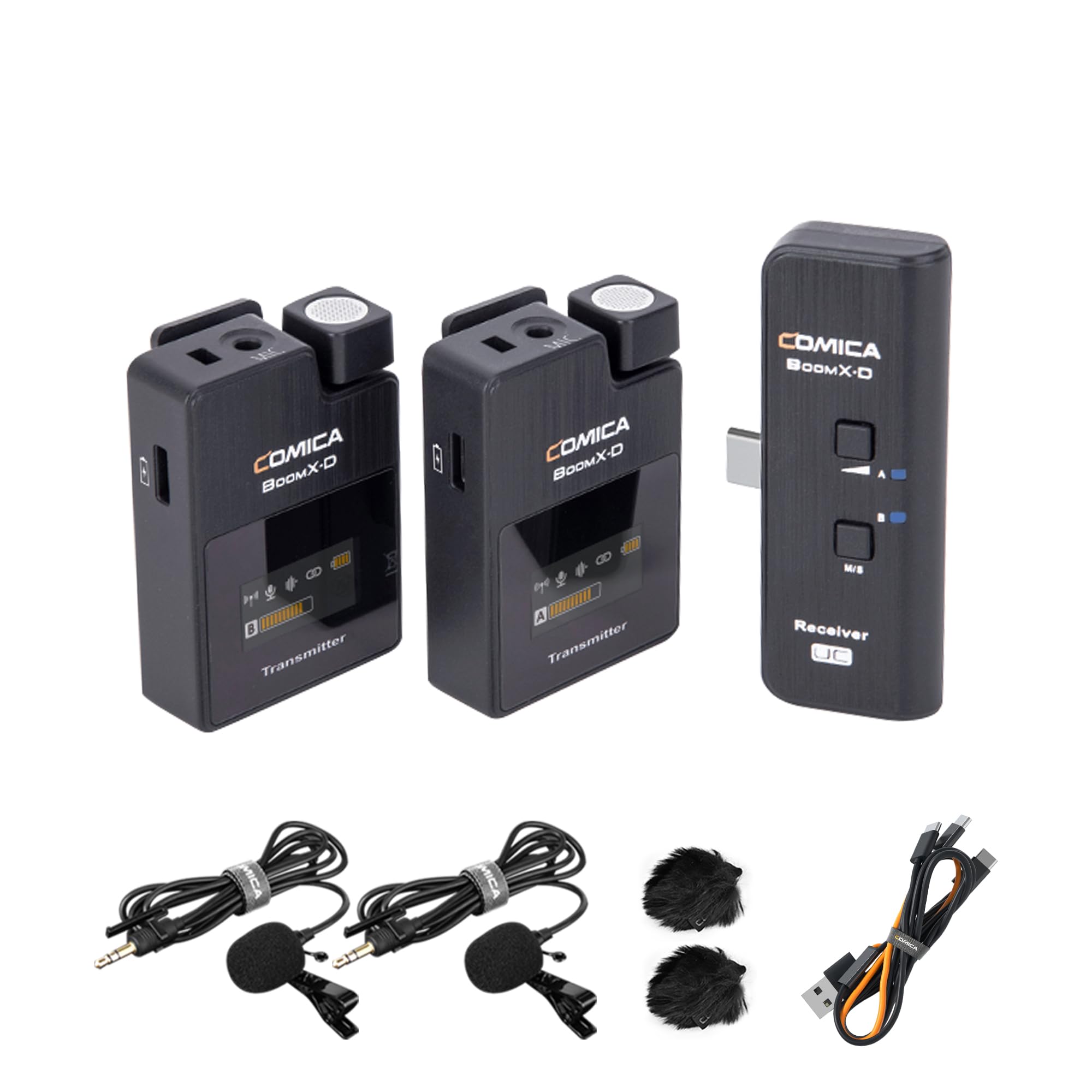 COMICA BoomX-DUC2 2.4G Wireless Microphone for iPhone 15/16 Pro/Pro Max, Dual Lavalier Lapel Microphone with 2 Transmitter, Lav 