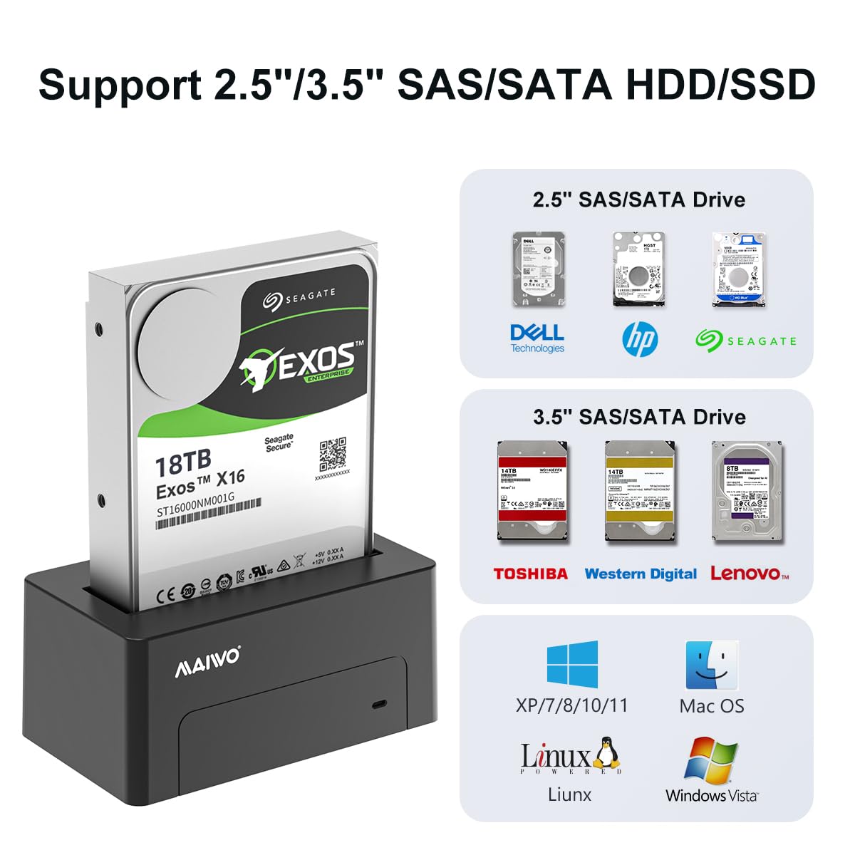 Maiwo Sas To Usb 3.0 Adapter, Sas Sata Hard Drive Enclosure Reader For 2.5 3.5 Inch Hdd Ssd, 22Tb Capacity, External Hard Drive Docking Station With 12V/2A Power, Tool Free