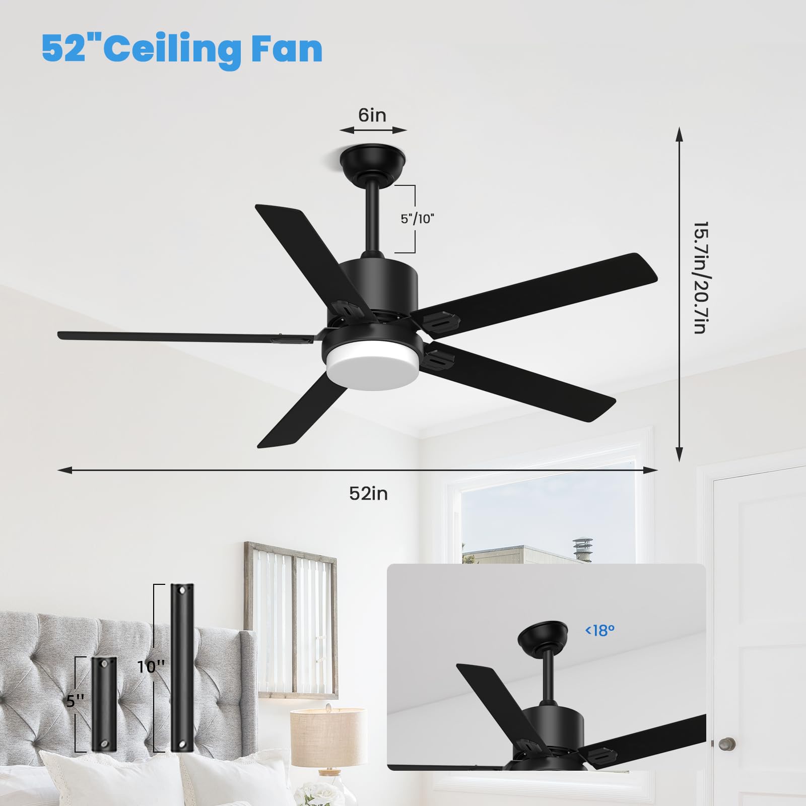Alescu Black Ceiling Fans With Lights   Outdoor Ceiling Fan With Remote, 52 Inch Modern Ceiling Fan For Patio, Bedroom Living Ro