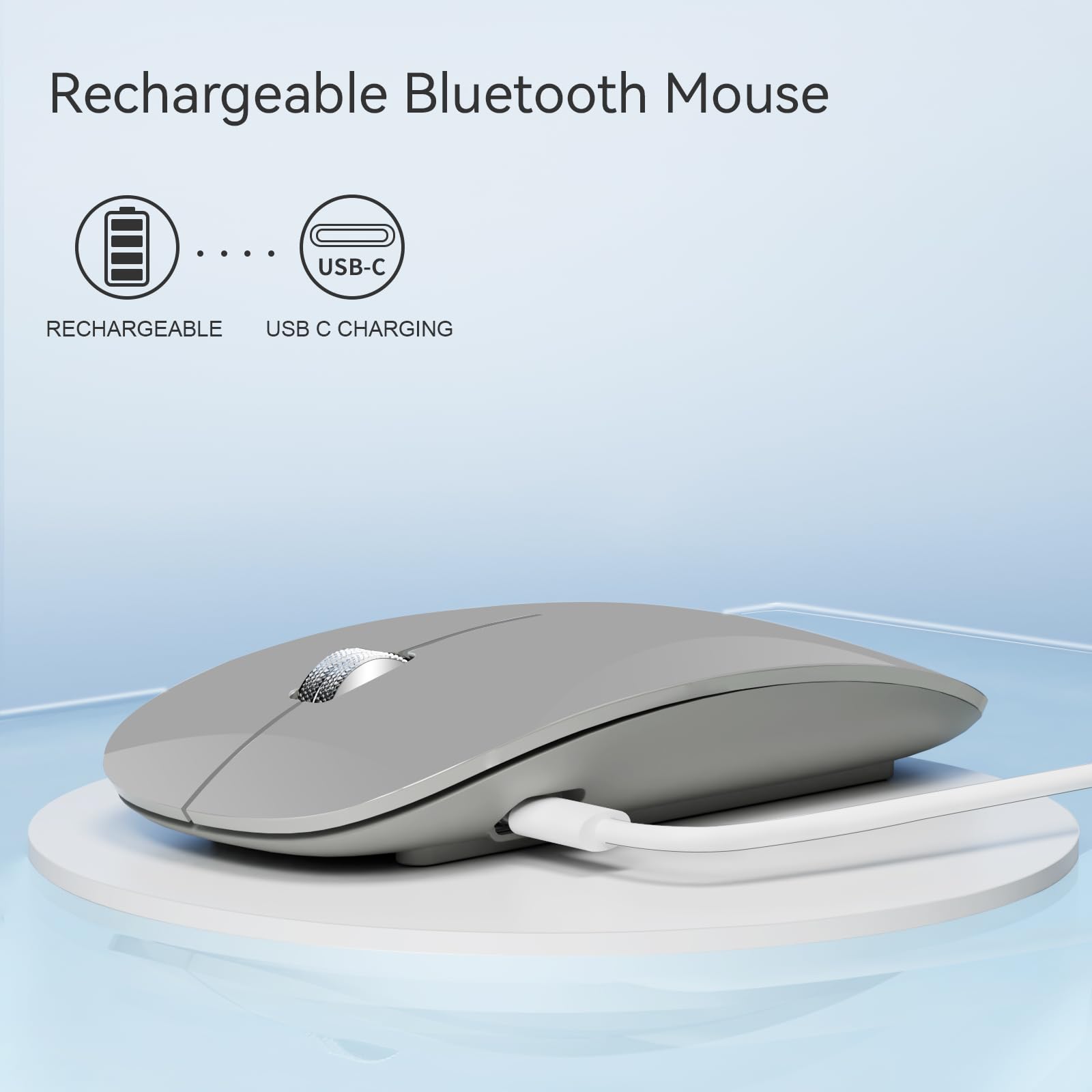 Tenmos M18 Bluetooth Mouse, Usb C Rechargeable Wireless Mouse, Triple Mode (Dual Bluetooth+Usb) Computer Silent Mice Portable With Usb Receiver And Type C Adapter For Laptop/Macbook/Ipad/Pc   Grey