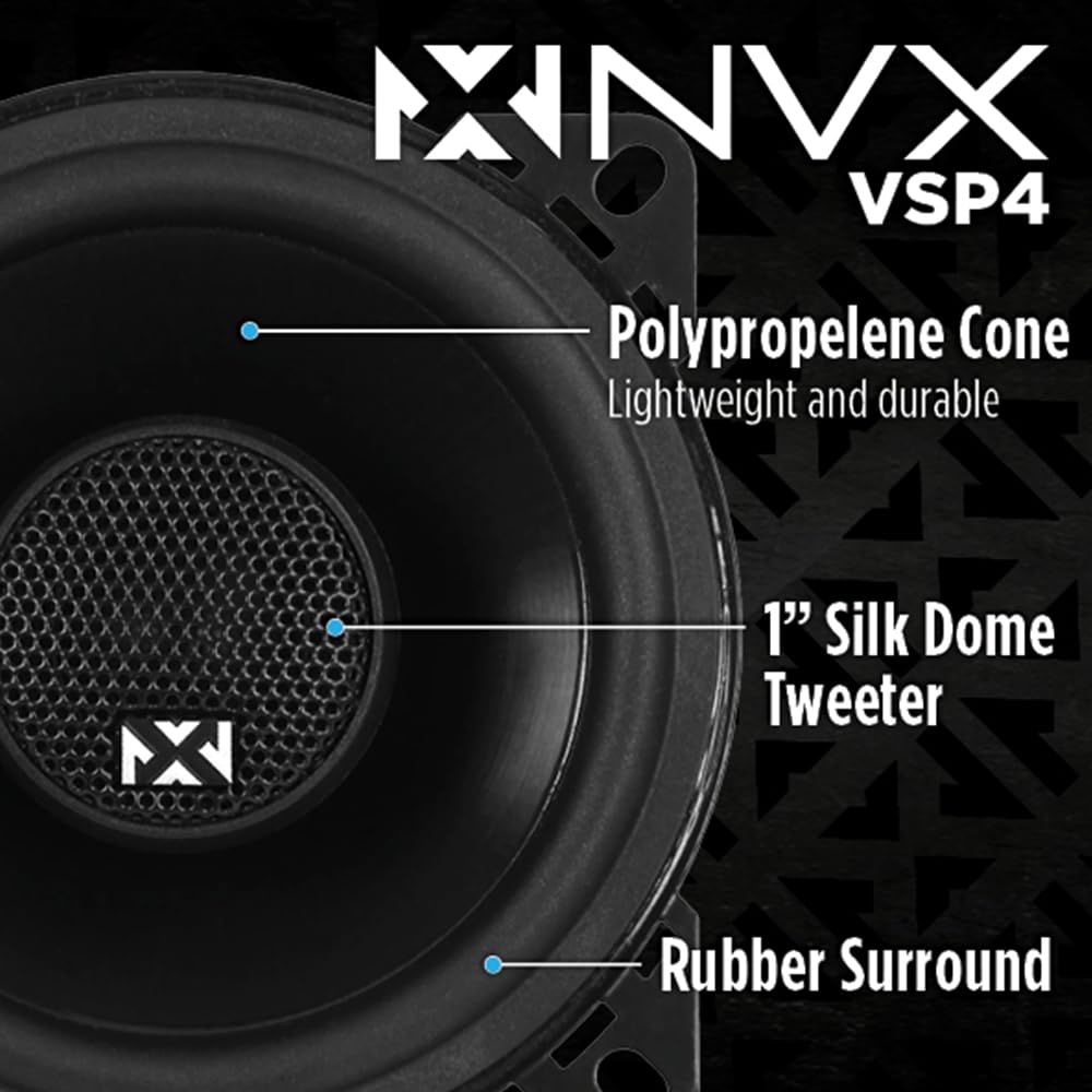 Nvx Vsp4 4'' Premium Car Speakers, 450W Max, 150W Rms, 2 Way Coaxial W/ 1'' Silk Dome Tweeters & Built In X Overs, Easy To Insta