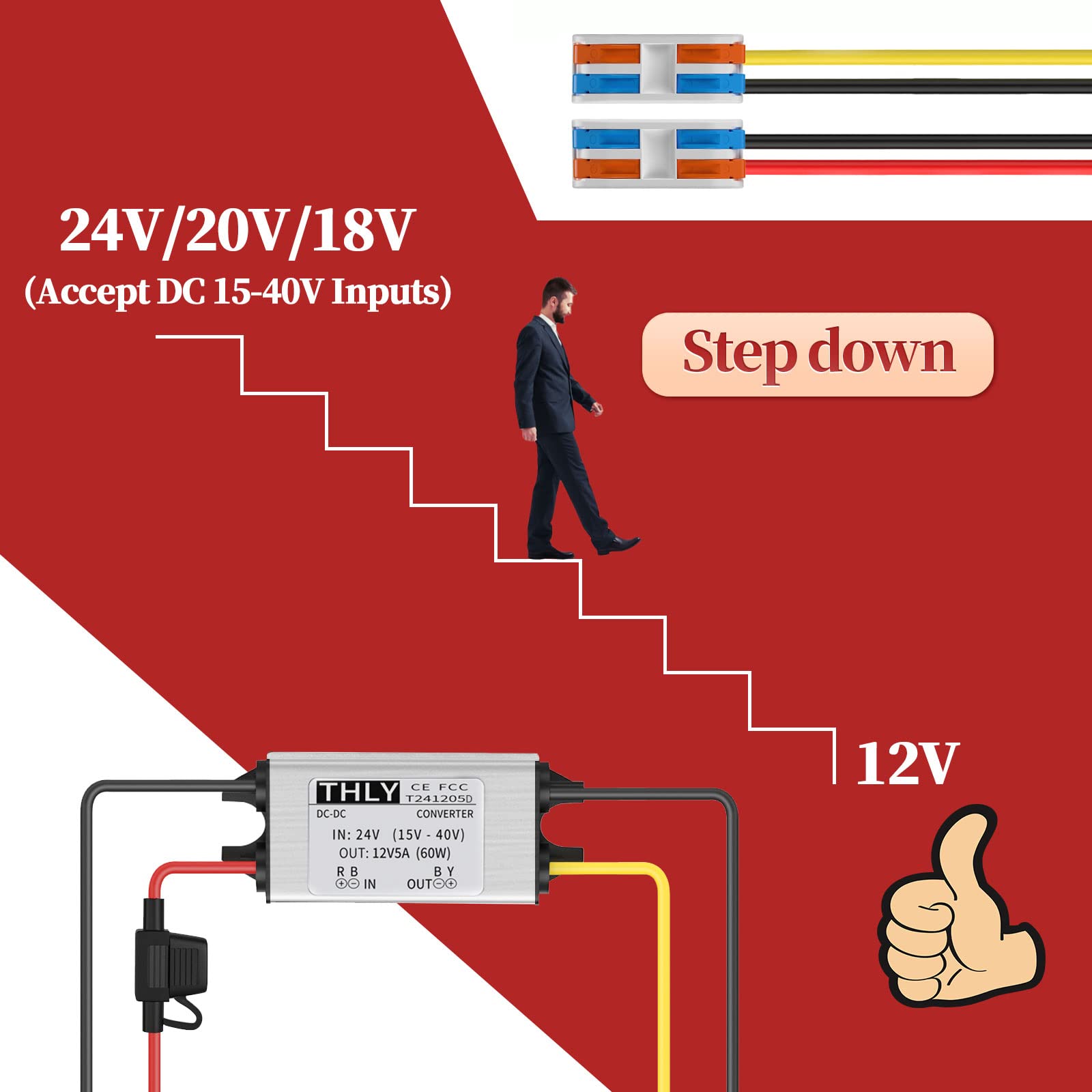 24V To 12V Converter With Wire Terminal Block, More Safe 18V To 12V Step Down Converter 5A 60W, Dc To Dc Converter For Golf Cart
