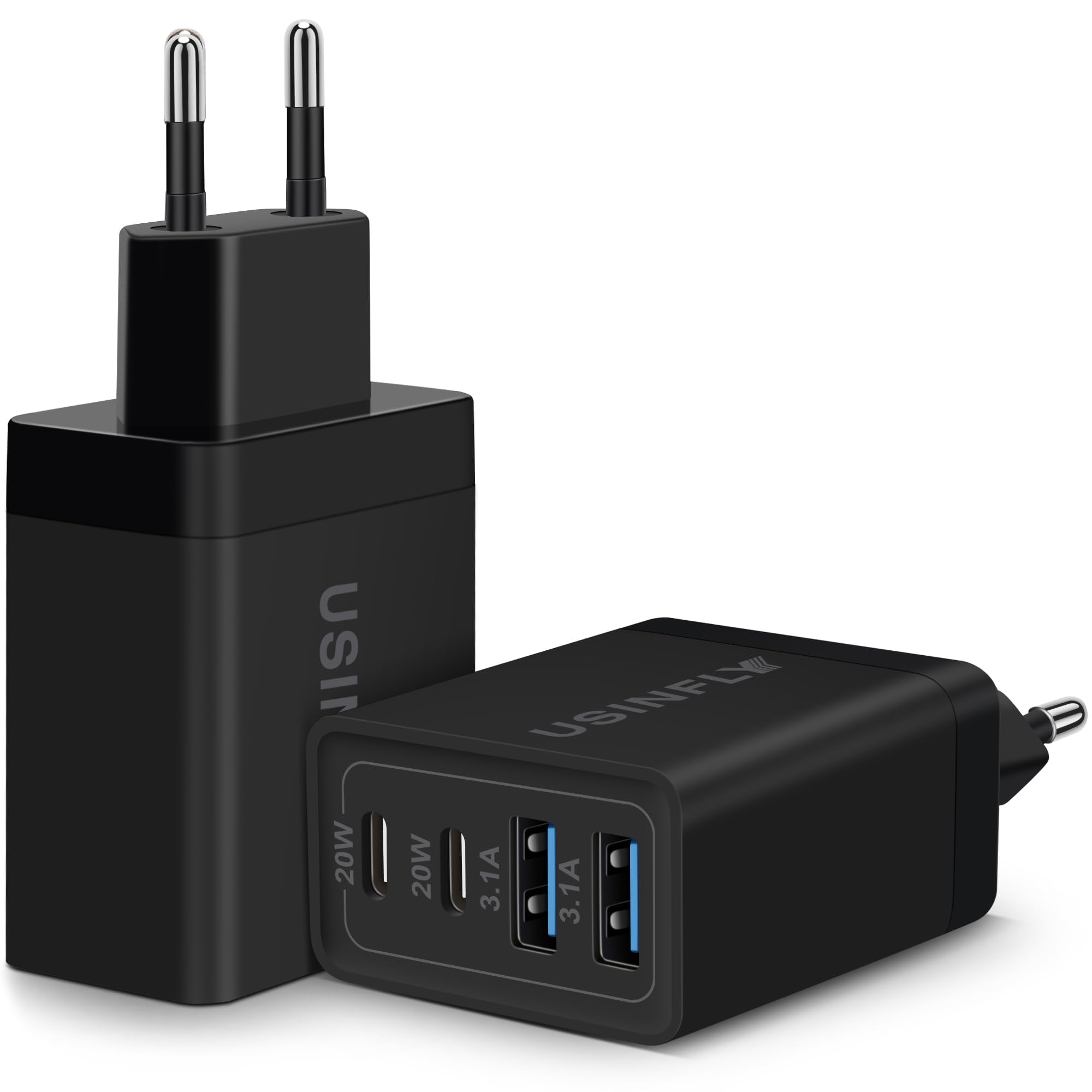 Usinfly 2 Pack European Travel Plug Adapter, Us To Europe Plug Adapter With 4 Port (2 Usb C + 2 Usb A), International Power Adap
