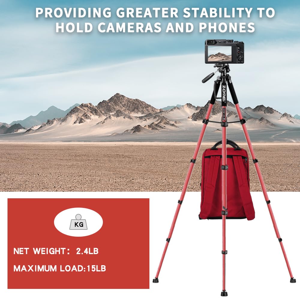 Camera Tripod, 74' Tripod For Camera Stand, Heavy Duty Tripod With Travel Bag For Projectors, Lasers, Dslr, Webcam, Aluminum Phone Tripod For Video Recording Photo Vlogging(Red)