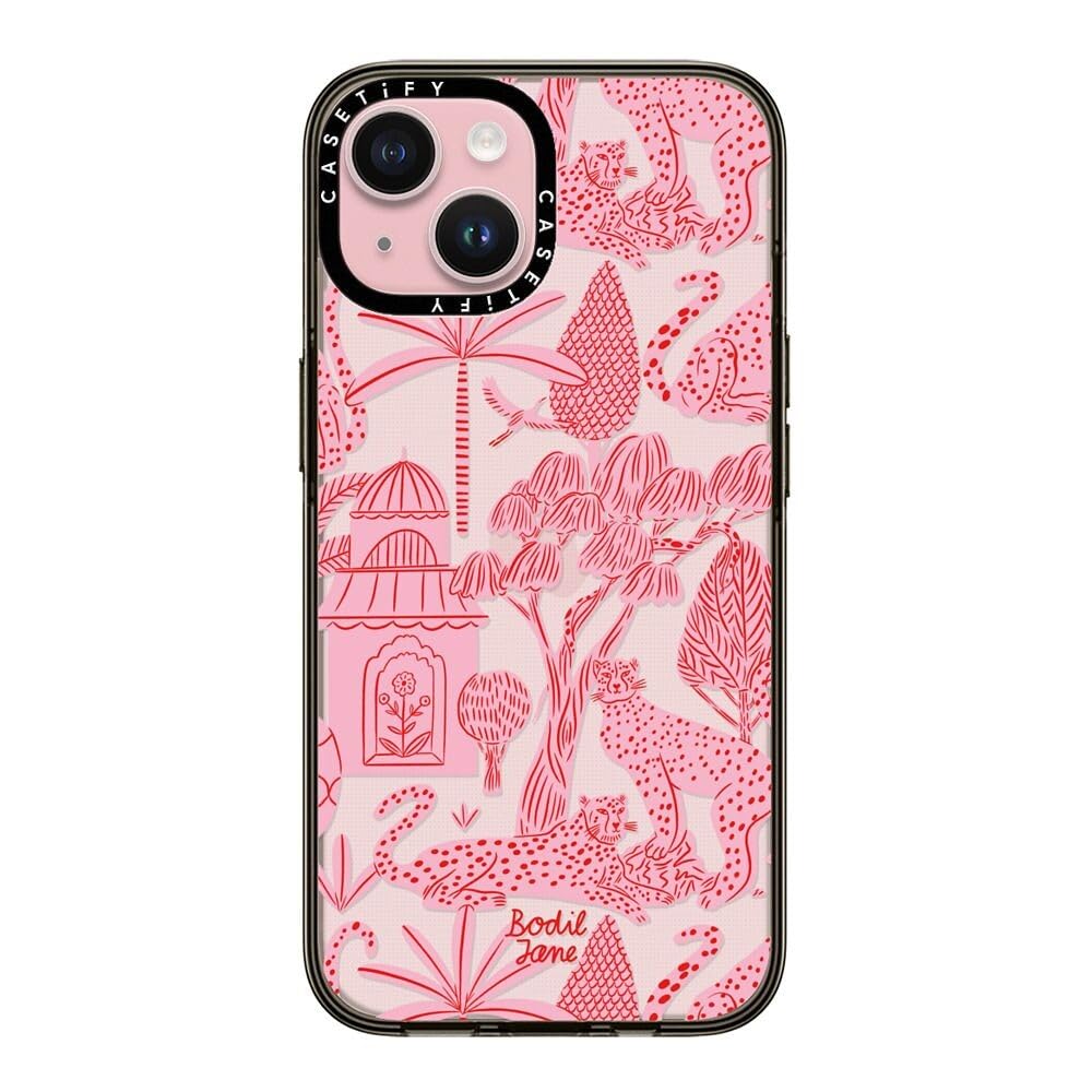 Casetify Compact Case For Iphone 15 [2X Military Grade Drop Tested / 4Ft Drop Protection]   Cheetah Paradise Pink   Clear Black