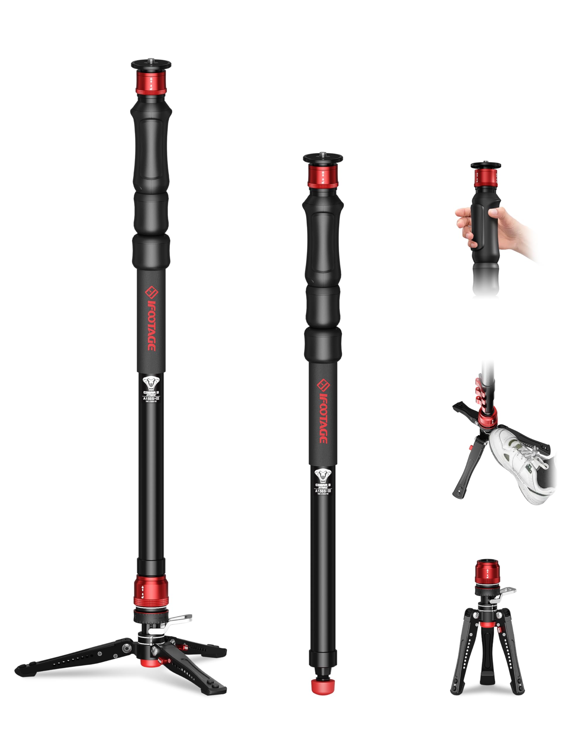 IFOOTAGE Cobra 3 Strike Monopod A150S, One-Touch Lifting Monopods Camera Stand with Pedal, Aluminum Quick Video Mono pod for Sho