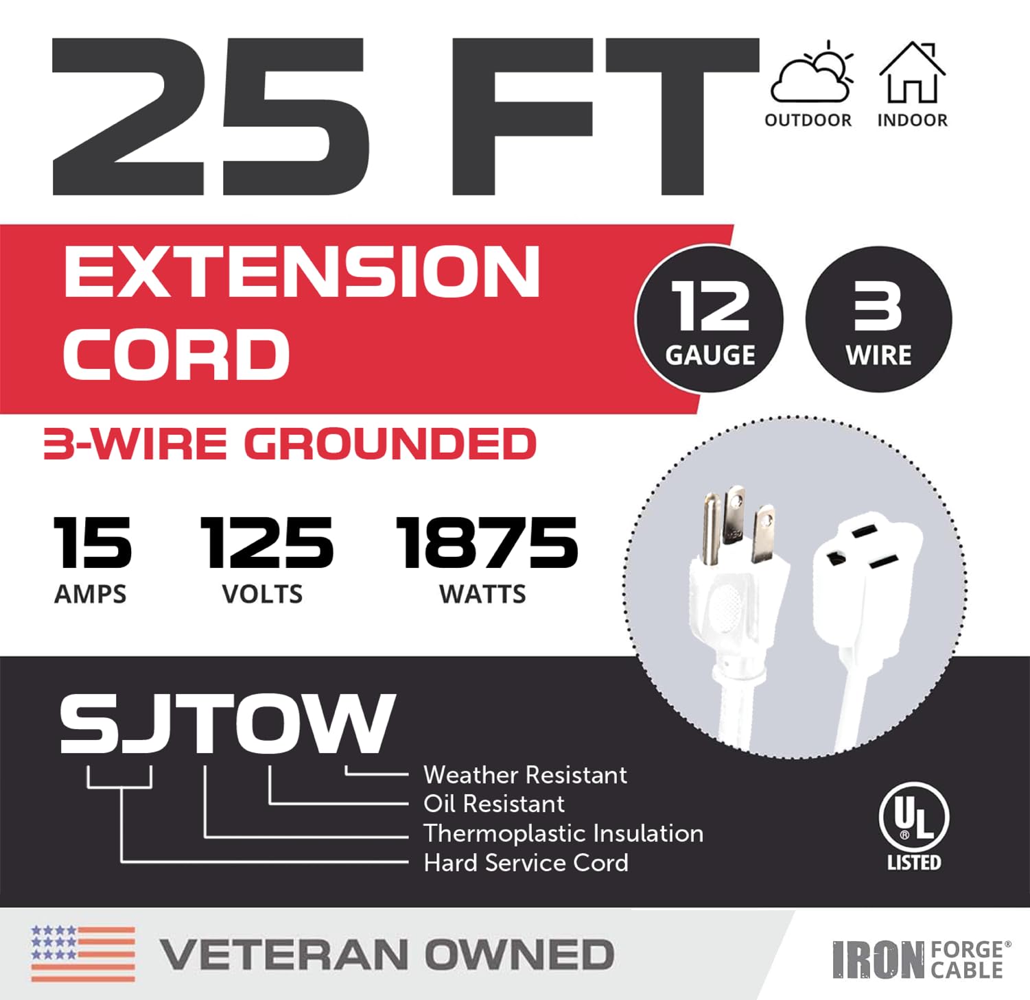 Iron Forge Cable 12 Gauge Extension Cord 25 Ft, Sjtow Water & Oil Resistant, 25 Foot Heavy Duty Extension Cord 3 Prong, White Ou