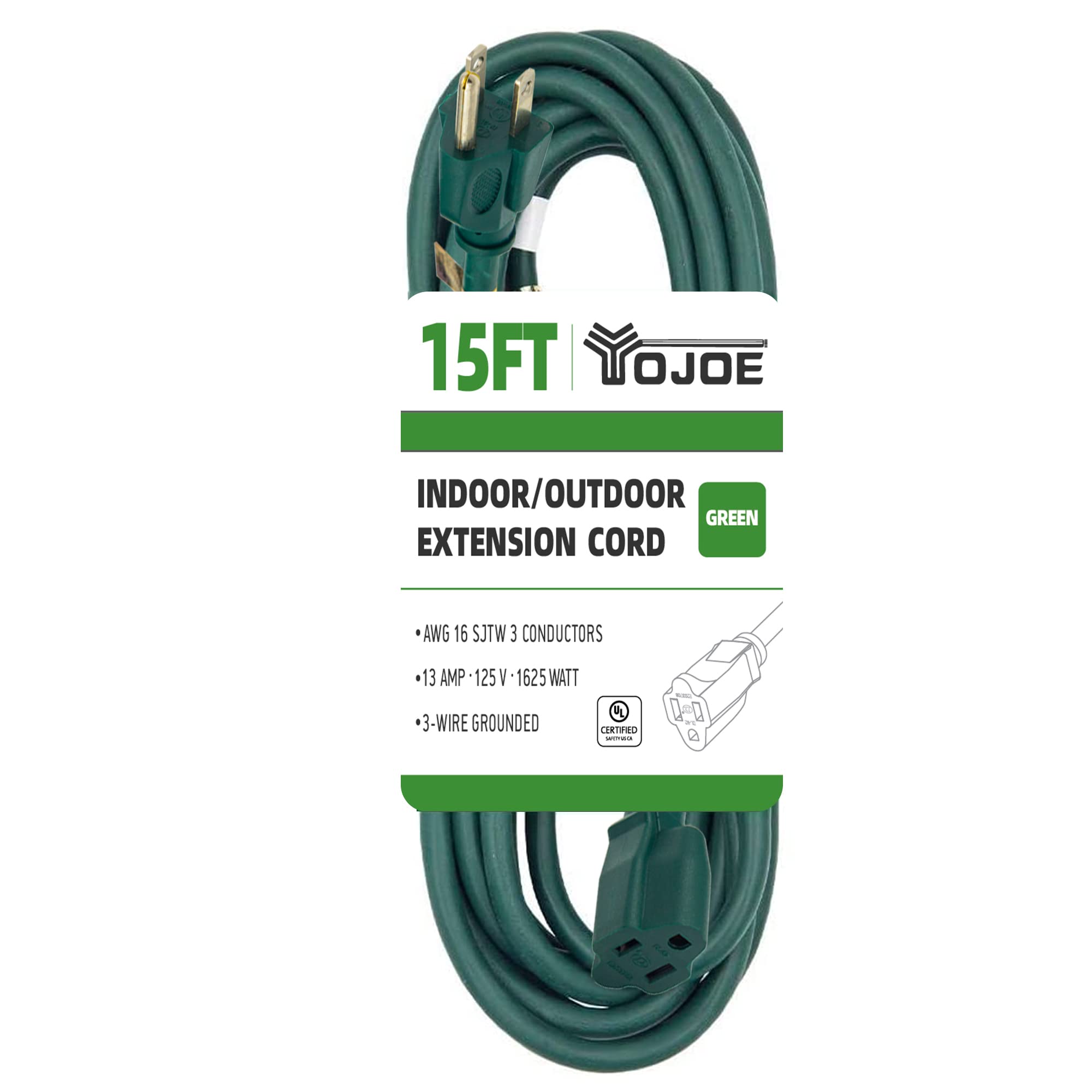 Yojoe Indoor Outdoor Extension Cord, 3 Prong 13A Weatherproof Power Extension Cord, 16 Gauge Heavy Duty 15 Ft Green Extension Co