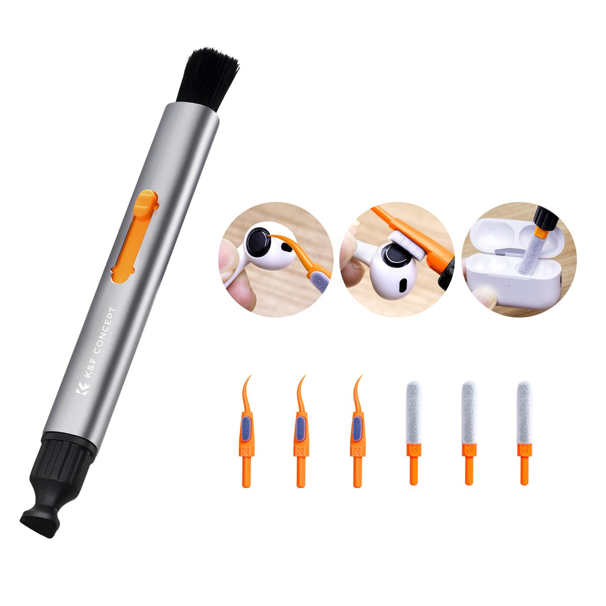 K&F Concept Multifunctional Lens Cleaning Kit, Aluminium Alloy Lens Cleaning Pen*1 + Airpods Stripper*3 + Flocking Sponge*3 For