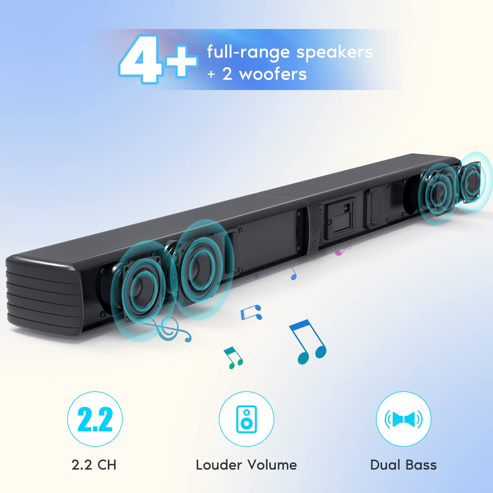 Geoyeao Sound Bar, Bass Speakers For Smart Tv With Dual Subwoofer 3D Surround Sound System, 32 Inch 2.2Ch Home Theater Audio Sou