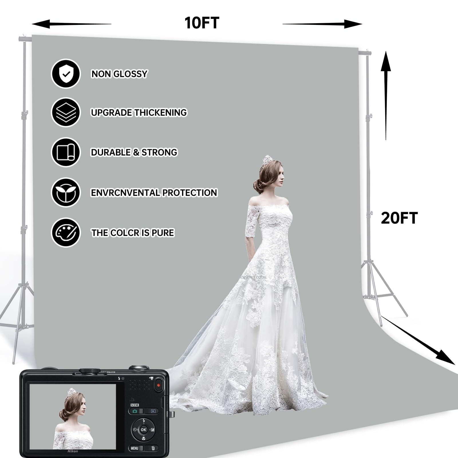 Beiyang Light Grey 10 X 20 Ft Large Screen Backdrop Cloth For Photography, Non Reflective Gray Photo Background Screen For Portr