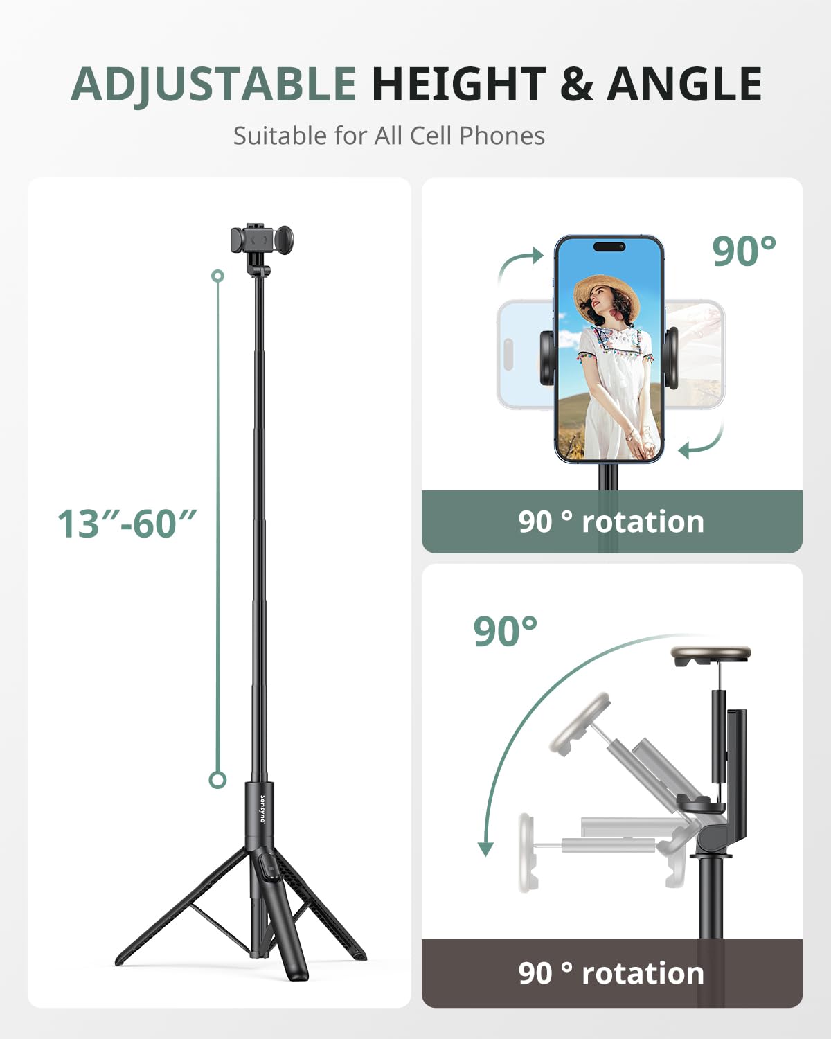 Sensyne 60' Phone Tripod & Selfie Stick, Lightweight All In One Phone Tripod Integrated With Wireless Remote Compatible With All Cell Phones For Selfie/Video Recording/Photo/Live Stream/Vlog(Black)