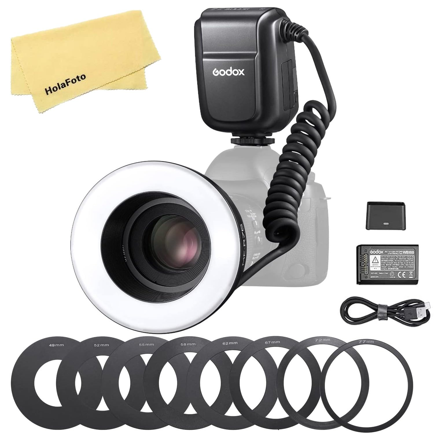 Godox MF-R76 LED Micro Ring Flash with 2600mAh Li-ion Battery and LCD Display Adapter Rings for Canon Sony Nikon Fuji Olympus Pa