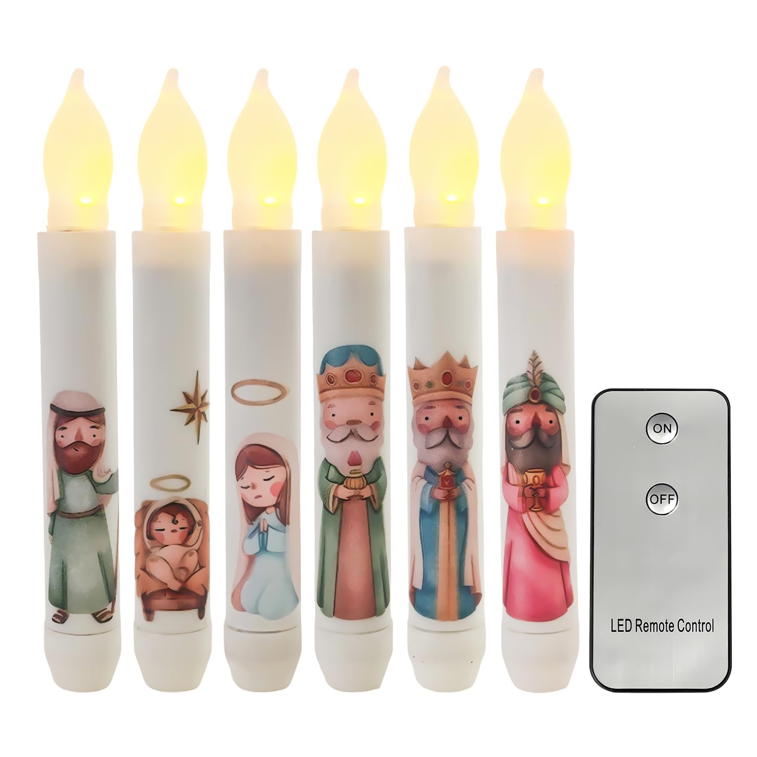 Glflickerow Christmas Nativity Scene Candles Set 6 Pcs Advent Candles with Remote Control Jesus Religious Theme Taper Candle Nat