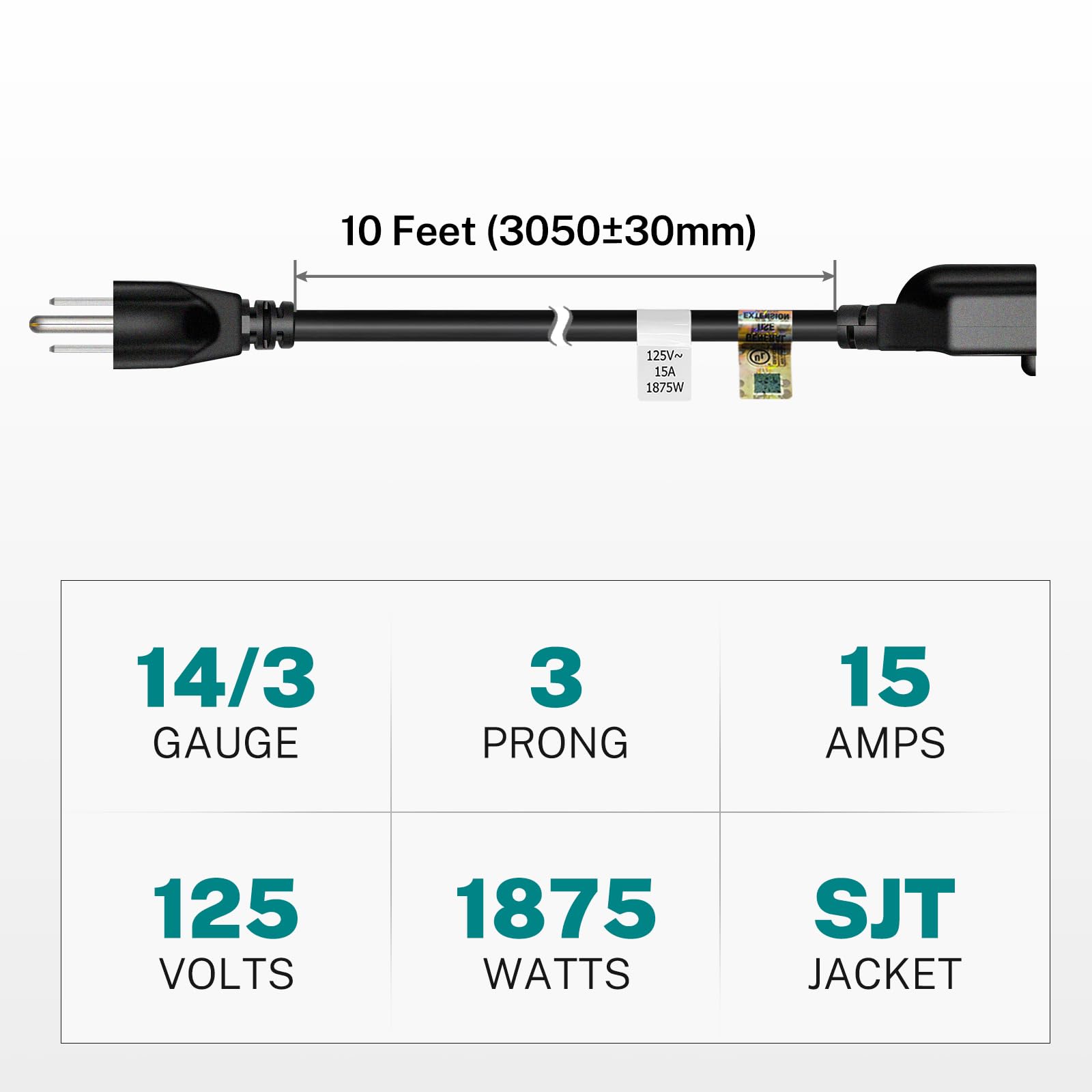 Firmerst 15 Amp 10 Feet 3 Prong Extension Cord 14 Gauge 1875W Black