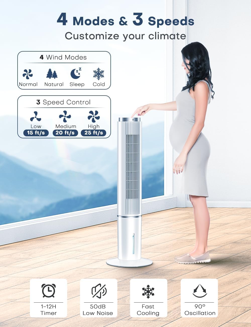 Coolech 42 Inch Windowless Portable Air Conditioners W/4 Modes & 3 Speeds, 1-Gal Tank For 15H Cooling, 12H Timer, Swamp Cooler A