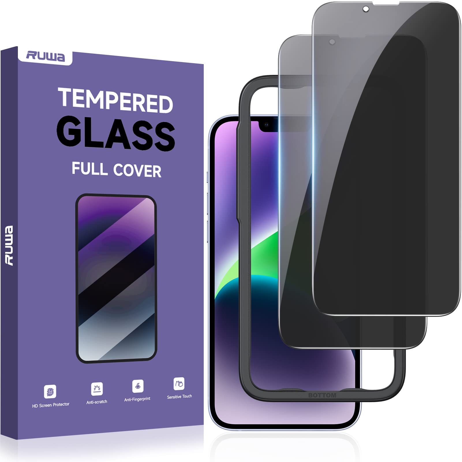 ruwa Privacy Screen Protector for iPhone 13/13 Pro/14/16e [2-Pack][6.1 Inch] Display Tempered Glass Film with Easy Installation 