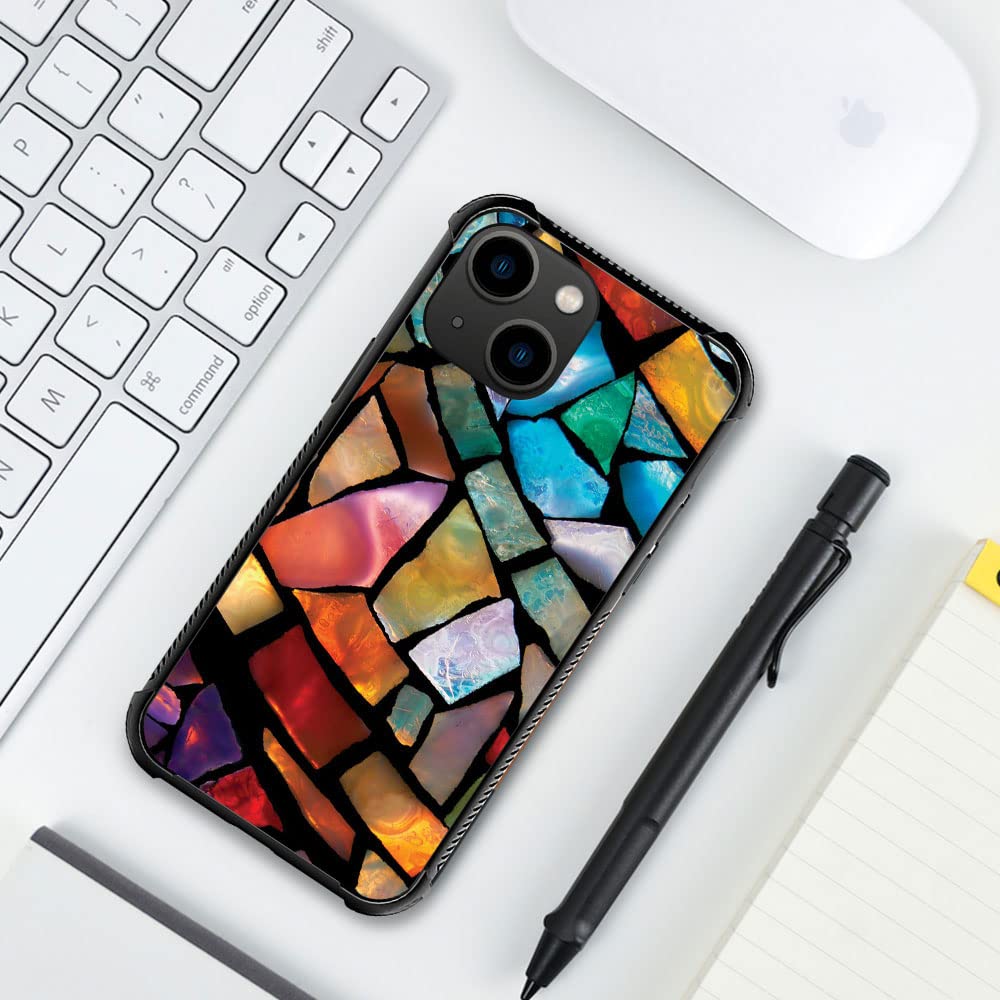 ZHEGAILIAN iPhone 14 Case Stained Glass Mosaic Fiesta Fun Tempered Glass Back Soft Silicone TPU Shock Protective