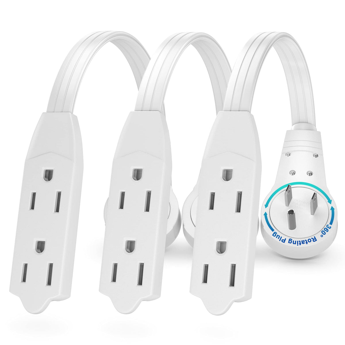 Maximm Cable 0.5 Ft 360 Rotating Flat Plug Extension Cord/Wire, 16/3 Awg Multi 3 Outlet 3-Prong Grounded Wire- White - 3 Pack -