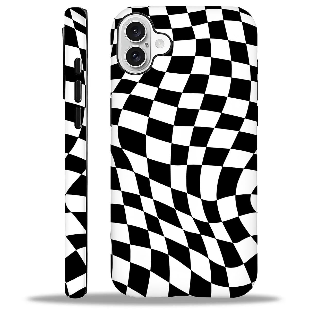 WANKBLC Compatible with iPhone 16 Matte Case, Twisted Black White Checkered Pattern for Girl Full Body Design Soft Silicone Drop