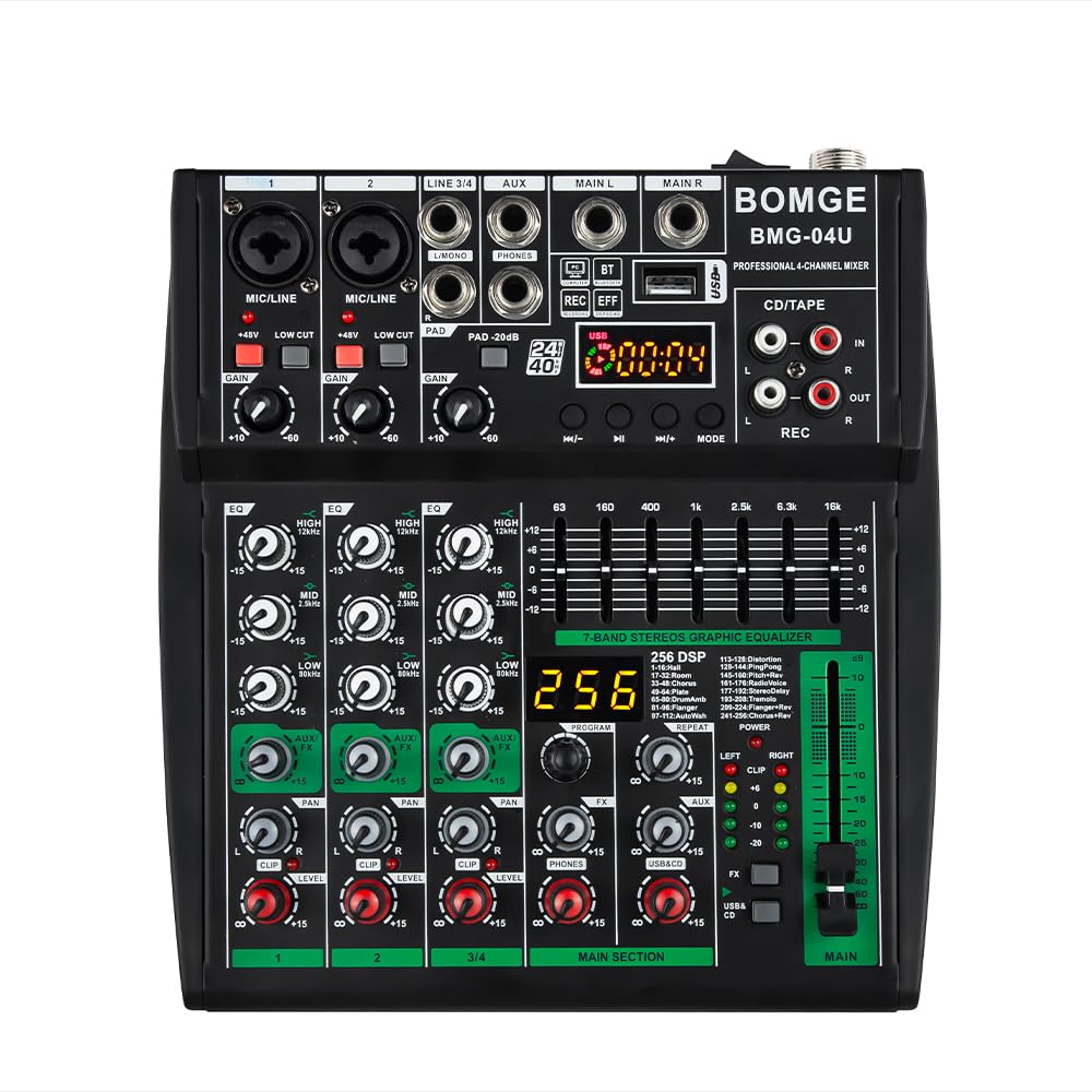 BOMGE Professional DJ audio mixer, 4 channel DJ mixer, Bluetooth sound mixer, supports USB/MP3/BT computer input,256DSP,48V phan
