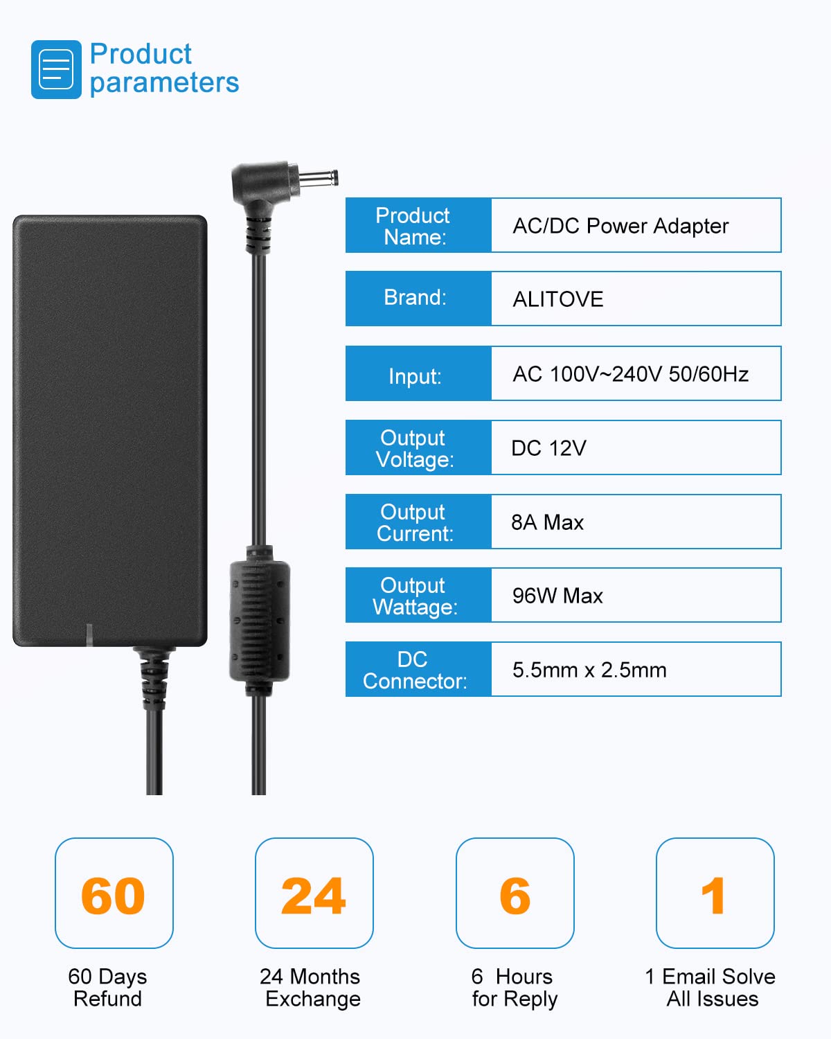 Alitove Dc 12Volt Power Supply 8A Ac Adapter 100 240V 50 60Hz 12V 8 Amp Transformer Converter Led Driver With 5.5X2.5Mm Barrel F