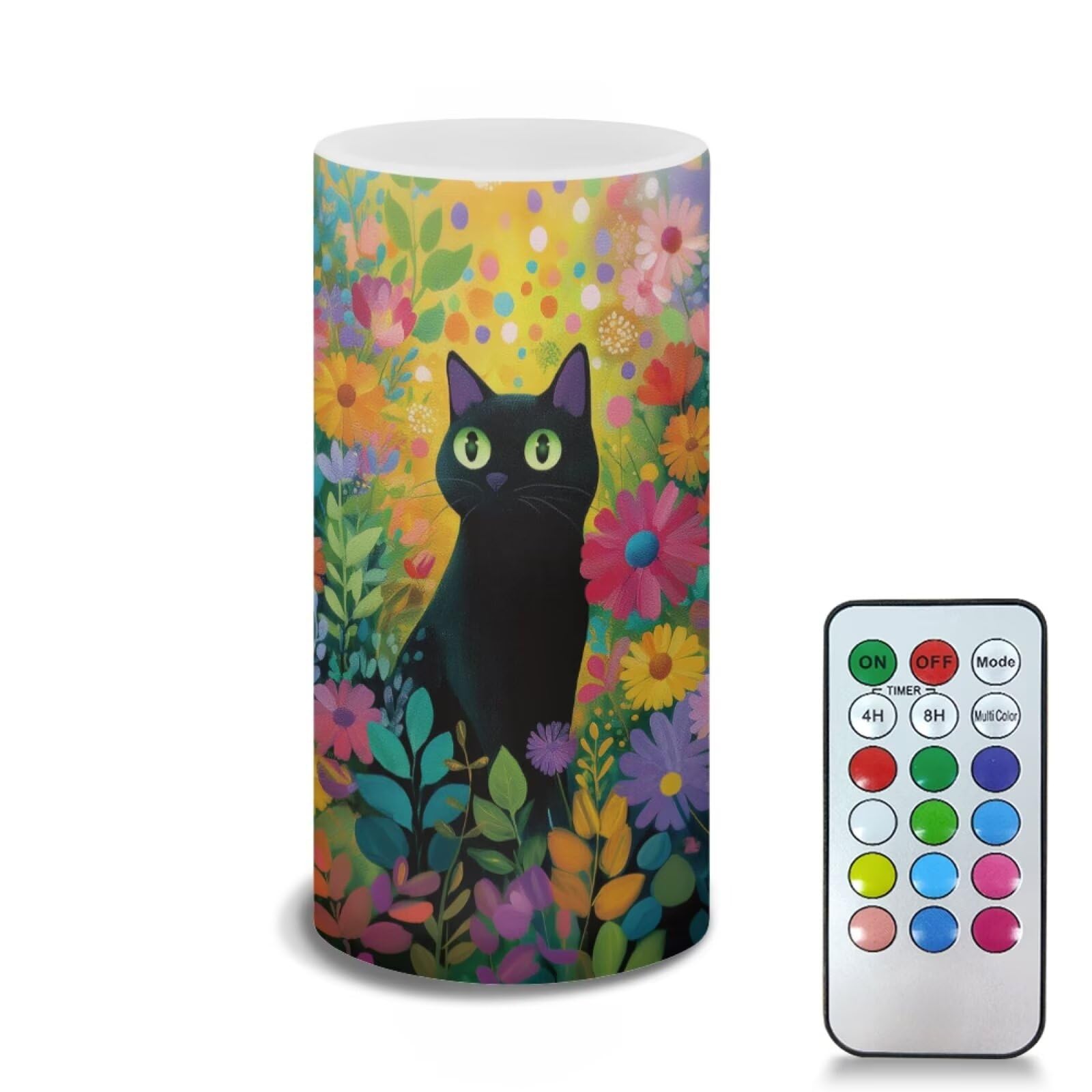 Poceacles Floral Black Cat LED Flameless Candles Battery Operated Candles with Remote Control Timer Flickering Wick Pillar Teali