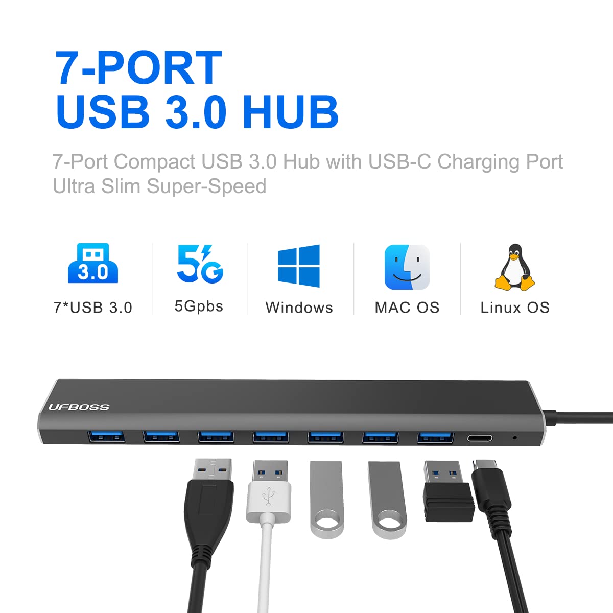 Ufboss Ultra Slim Super Speed 7 Port Compact Low Power Usb 3.0 Data Hub With Usb C Charging Port For Laptop/Pc (4Ft)