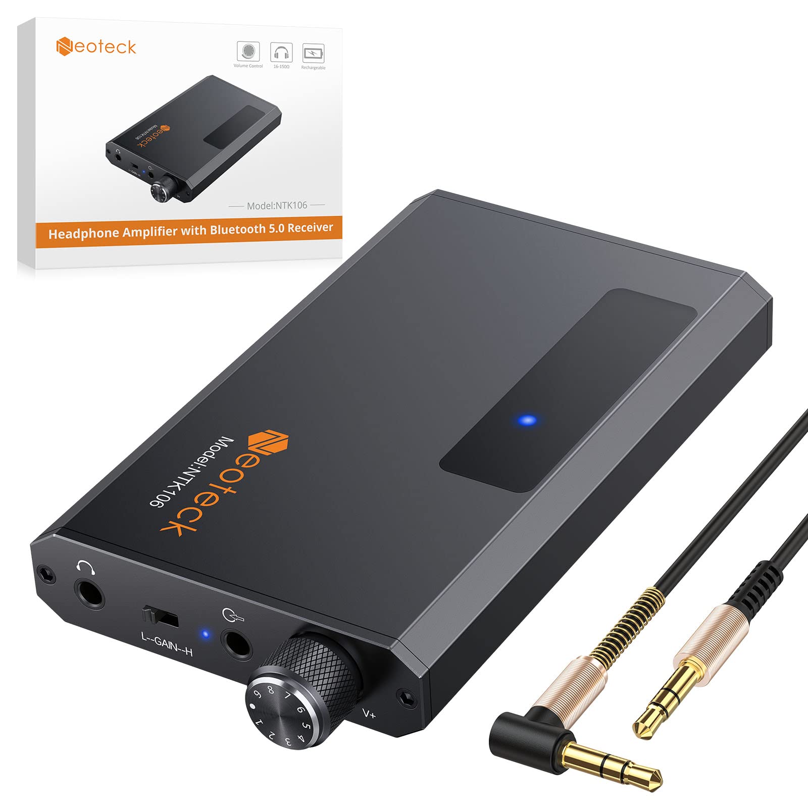 Neoteck Portable 3.5Mm Headphone Amplifier With Bluetooth 5.0 Receiver, Two Stage Gain Switch, 16 150 Ohm Hifi Earphone Amp, Alu