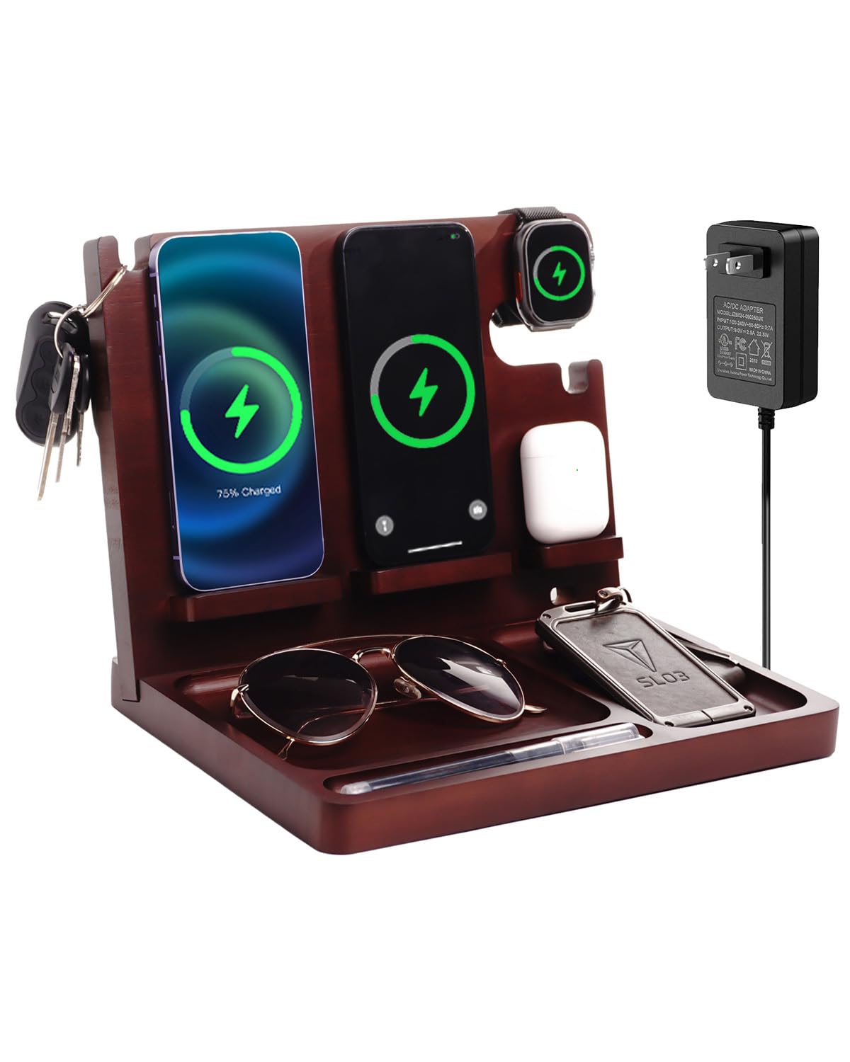 Xunhomon Wood Phone Docking Station,27W Fast Charging 2 Phone Wireless Charging Station for iosPhone/Android/iWatch/Air Pod,Nigh