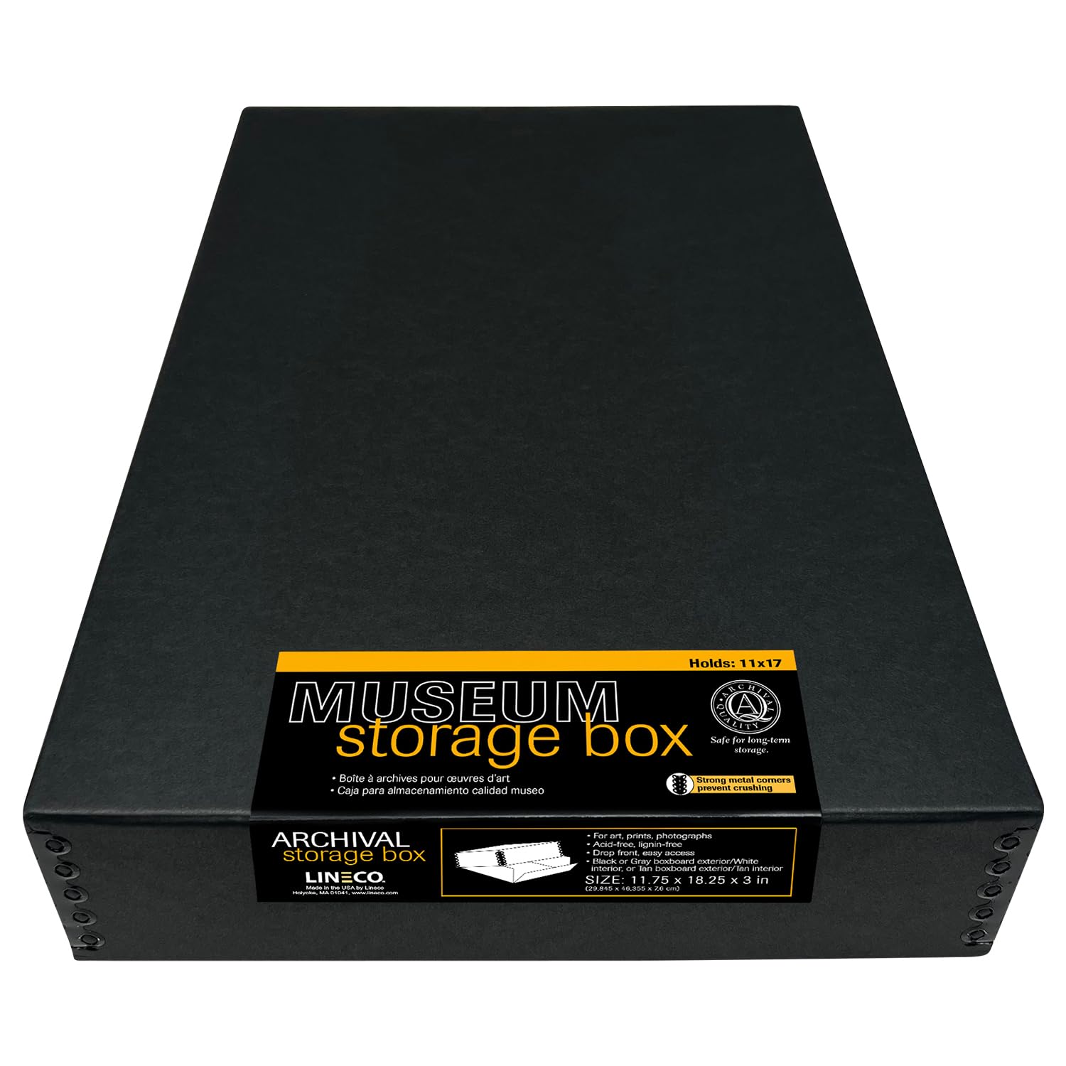 Lineco Museum Archival Storage Box, 11.75X18.25X3 In. Drop Front Design. Acid Free With Metal Edge. Organize Photos, Pictures, Prints, Documents, Crafts, Diy. Black, 1 Pack