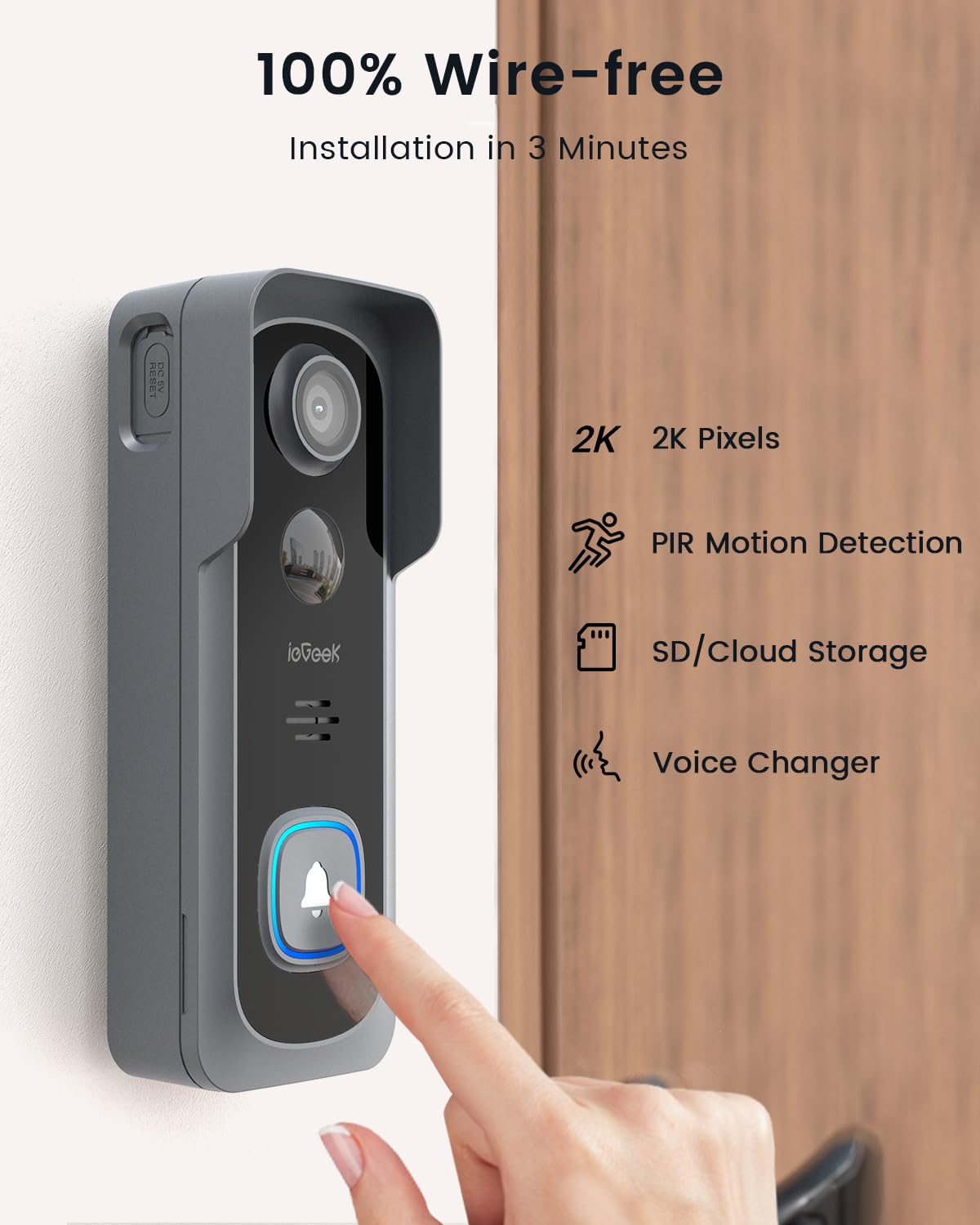 Iegeek Doorbell Camera Wireless No Subscription   Wireless Video Doorbell With Chime, Doorbell With Camera 1080P Grey, Voice Cha