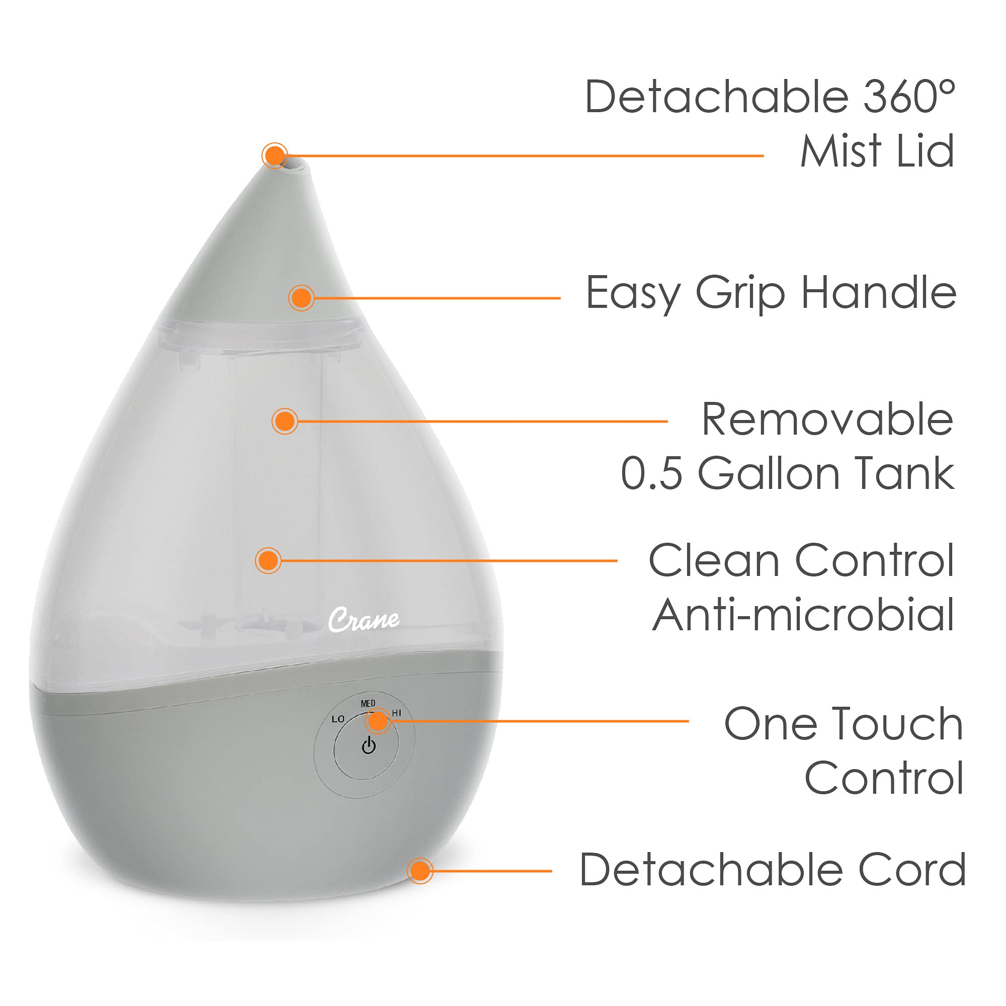 Crane Droplet Ultrasonic Small Air Humidifiers For Bedroom And Office, 0.5 Gallon Cool Mist Humidifier For Plants And Home, Humi