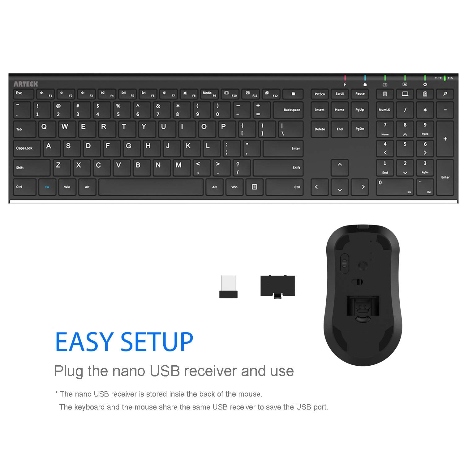 Arteck 2.4G Wireless Keyboard And Mouse Combo Stainless Steel Ultra Slim Full Size Keyboard And Ergonomic Mice For Computer Desk