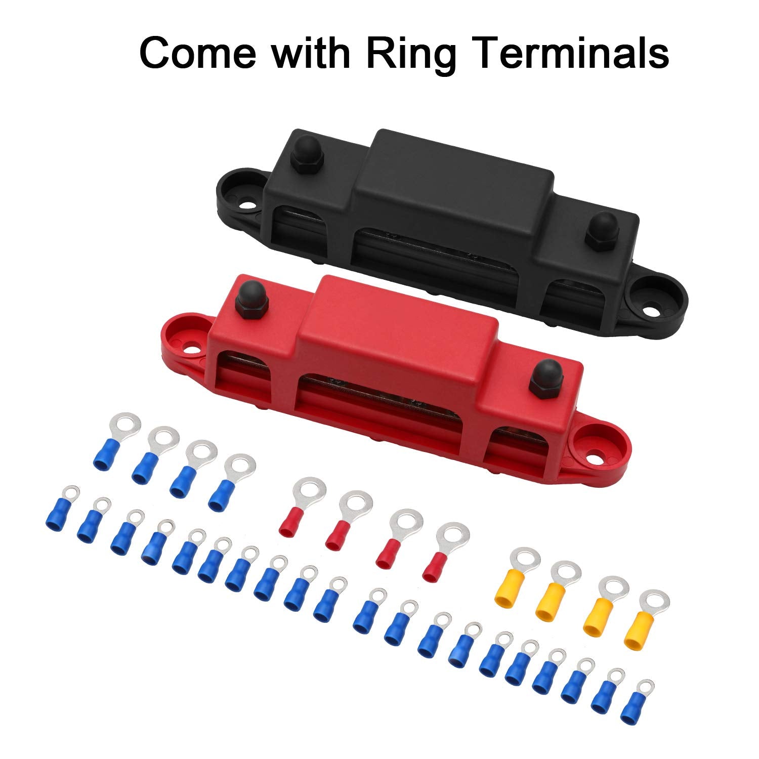Mofeez Bus Bar  3X1/4   Post,10X#8 Screw Terminal Power Distribution Block With Ring Terminals(Pair   Red & Black)