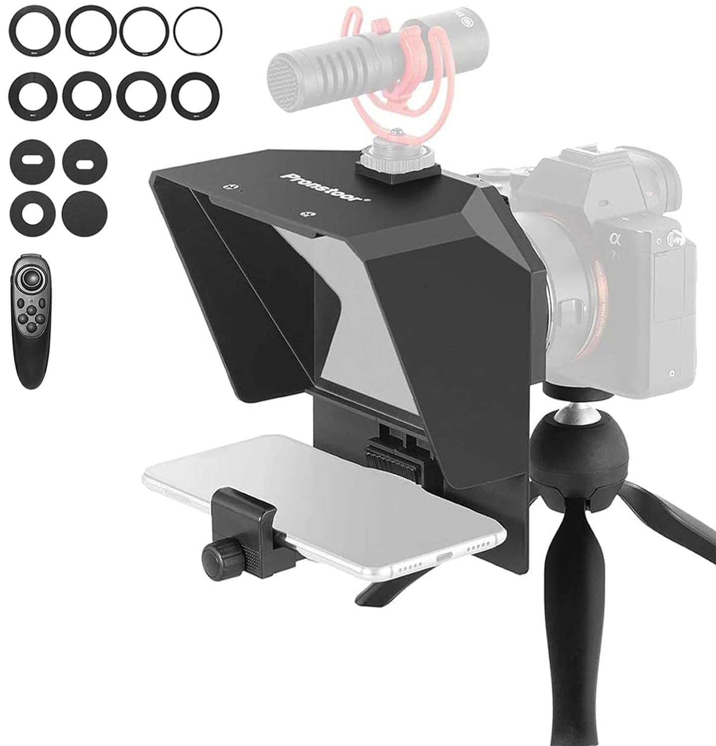 Ambitful Teleprompter 7.5'' With Tabletop Tripod For Smartphone And Dslr Camera, Adjustable Phone Clip & Camera Adapting Ring, F