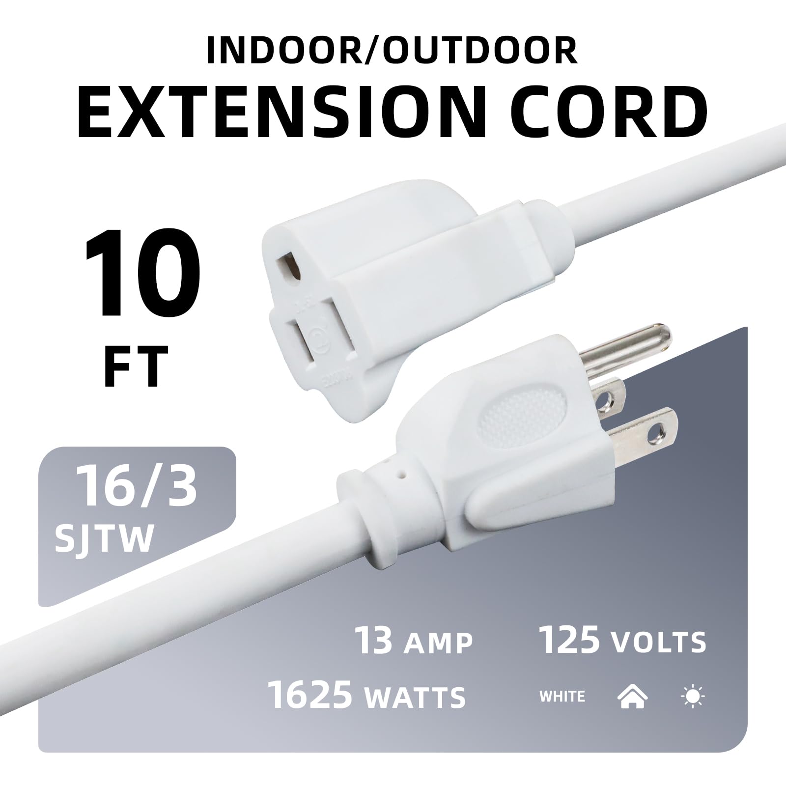 Ep 10 Ft Outdoor Extension Cord   16/3 Sjtw White Electrical Cable With 3 Prong Grounded Plug, Ul Listed