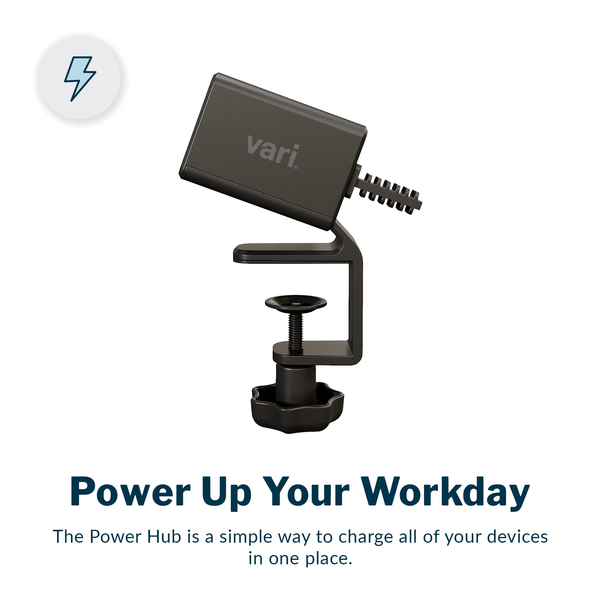 Vari Power Hub   Desk Mount Power Charging Station With Multiple Outlets   5 Ac Outlets, 2 Usb Ports, 12'' Cord   Fast Charging