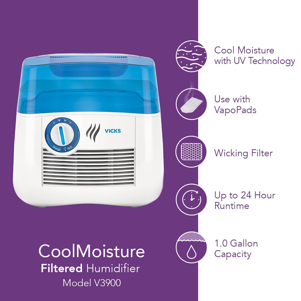 Vicks Cool Mist Humidifier With Uv Light. Evaporative Humidifier Auto Adjusts To Room Humidity Without Over Humidification. For
