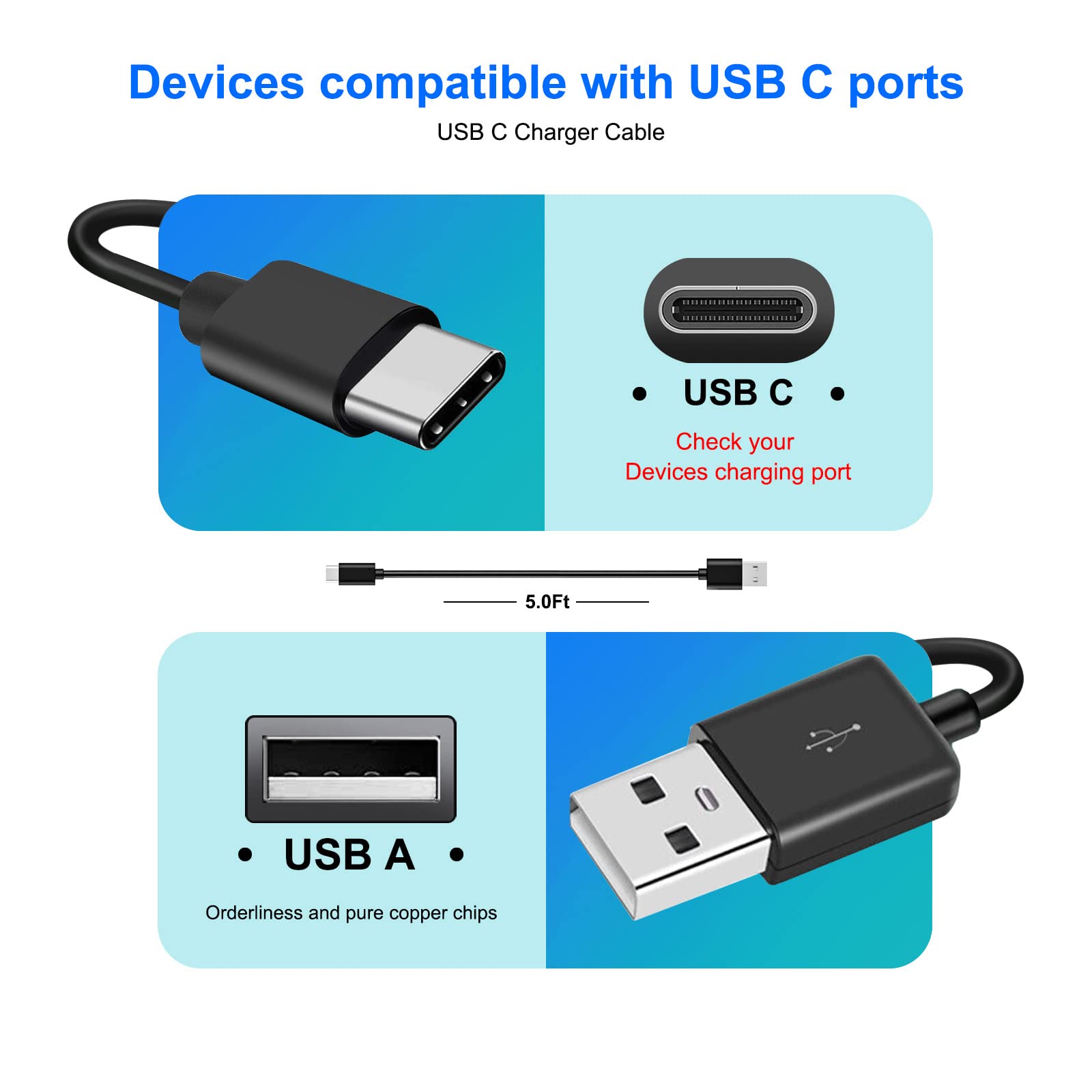 2Pcs Usb C Charger Cable Charging Cord For Samsung Galaxy Tab S8 S7, S6, S5E, S4, S3, Tab A8, 10.5' A7 10.4', A7 Lite 8.7' Tab A 10.1 Sm T510, Tab A 8.4', 8.0' Sm T380/387 Sm T500/220 Tablet