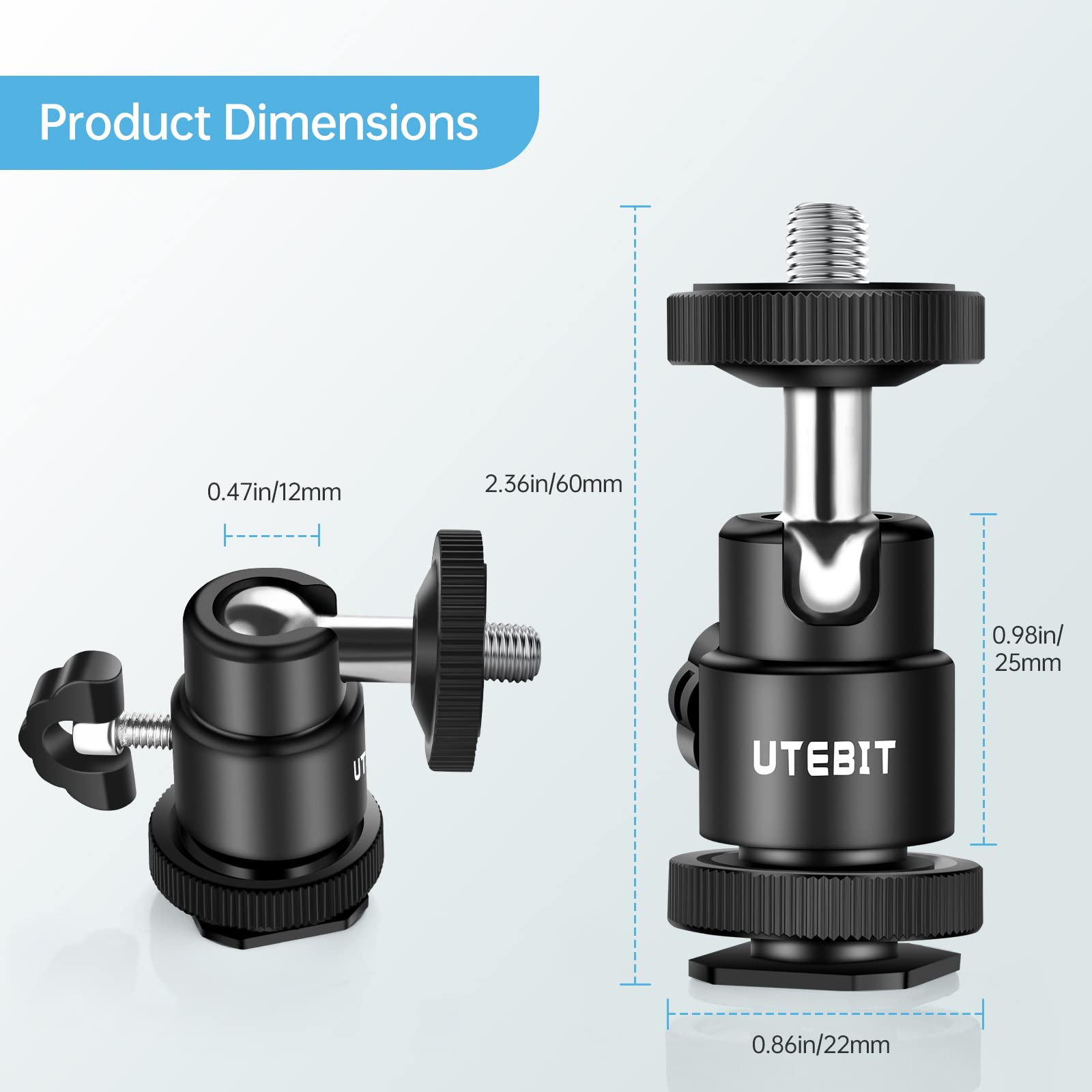 12Mm Tripod Ball Head, Utebit 360� Rotatable Metal Mini Ball Head With 1/4' Hot Shoe, Ballheads Camera Mount Adapter For Sport Camera, Pocket Light, Microphone, Loading 1.1Lb(2 Pack)