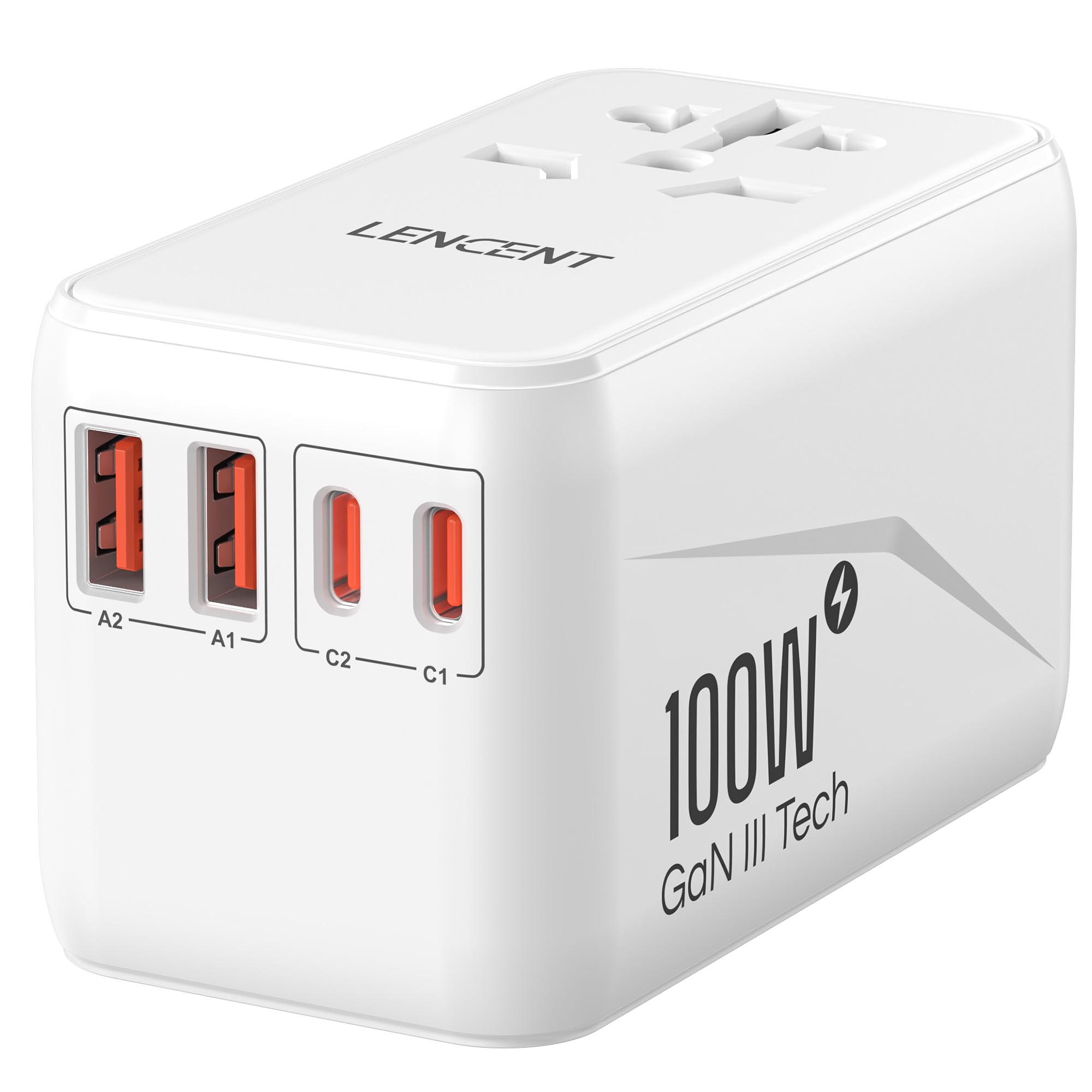 LENCENT Universal Travel Adapter, 100W GaN3 International Adaptor with 2 QC3.0 USB-A+2 PD3.0 Type-C PPS Fast Charging, Worldwide