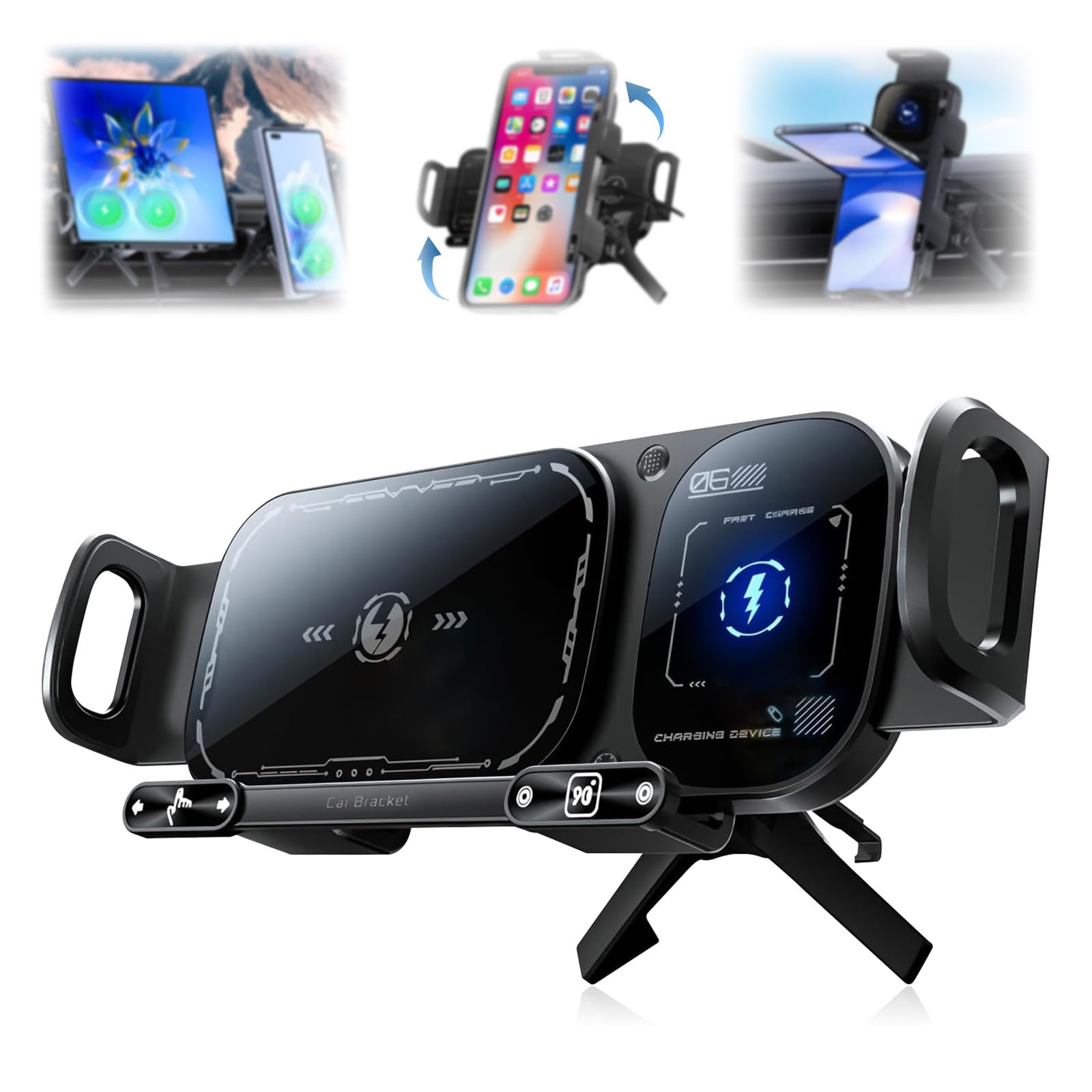 Wireless Charging Rotating Car Mount, High Intelligent 2 in 1 Auto Rotating Phone Holder, One-Click Rotation, Universal Phone Ho