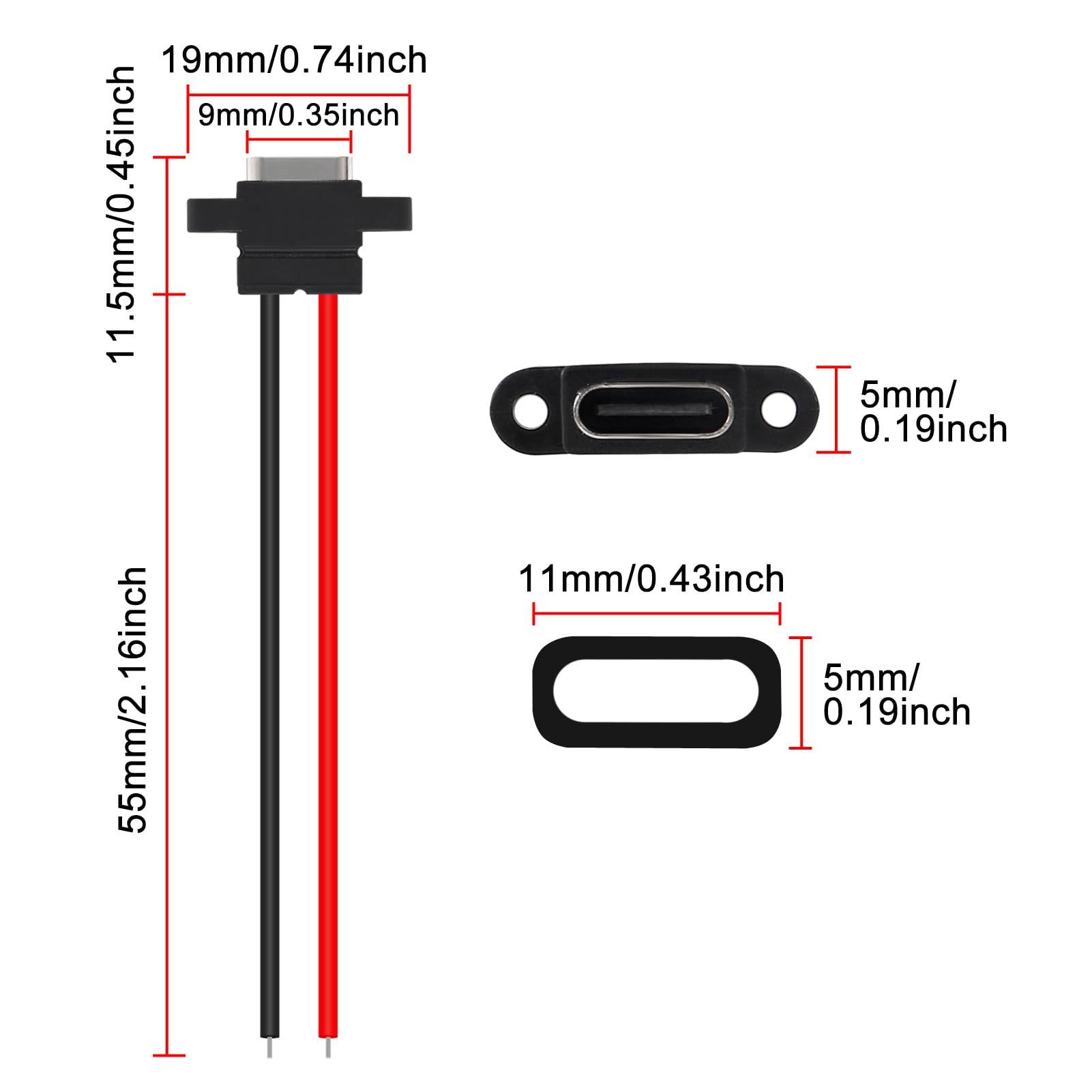 Xiitia 8Pcs Usb Connector Type C Female Chassis 2 Pin For Diy, Waterproof 2P Solder Wire Type Usb C Pigtail Cable Extension Powe
