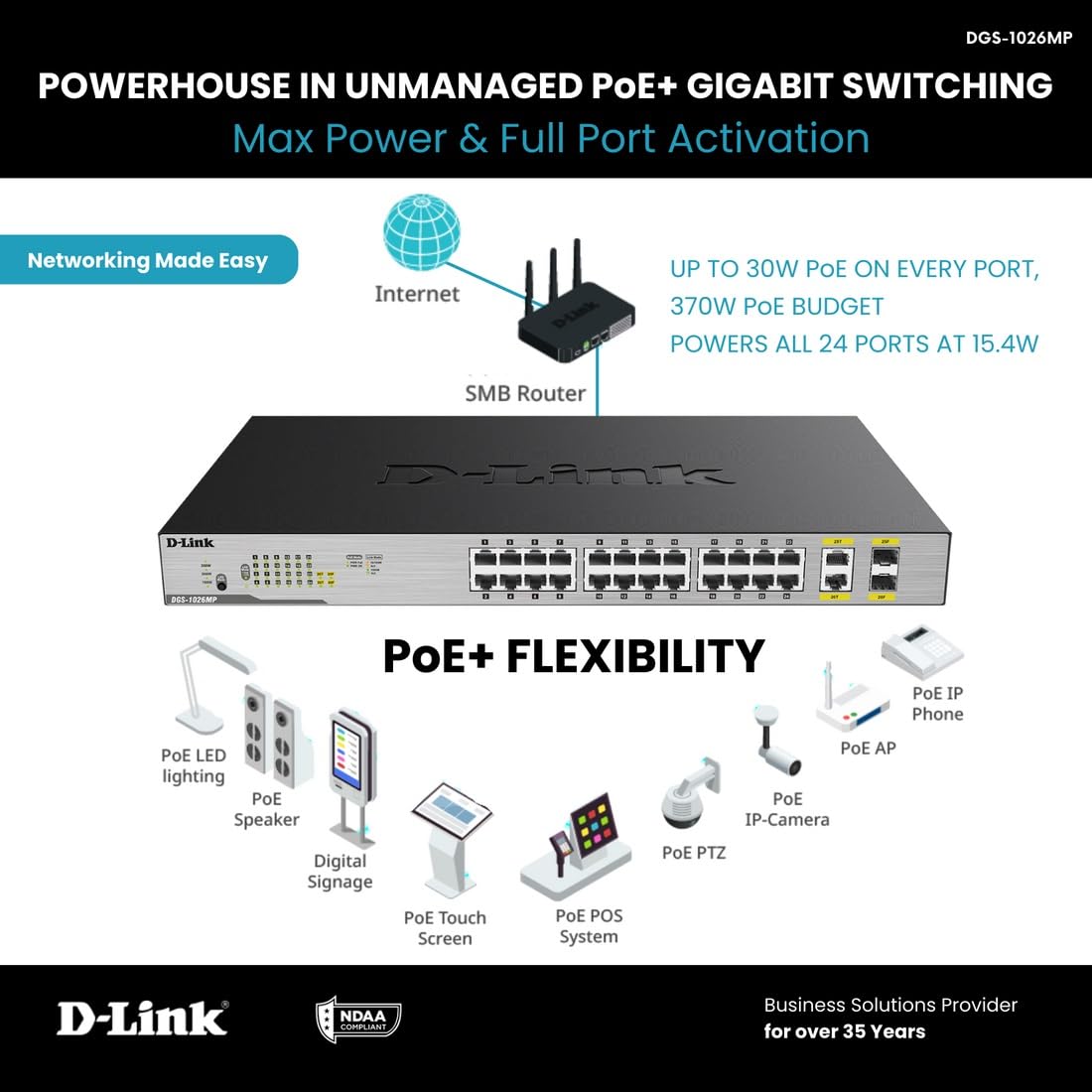 D-Link Ethernet Switch, 26 Port Poe Gigabit Unmanaged Rack-Mount Networking 24 X Poe (370 Watt), 2 X Gigabit Combo Ports (Dgs-10