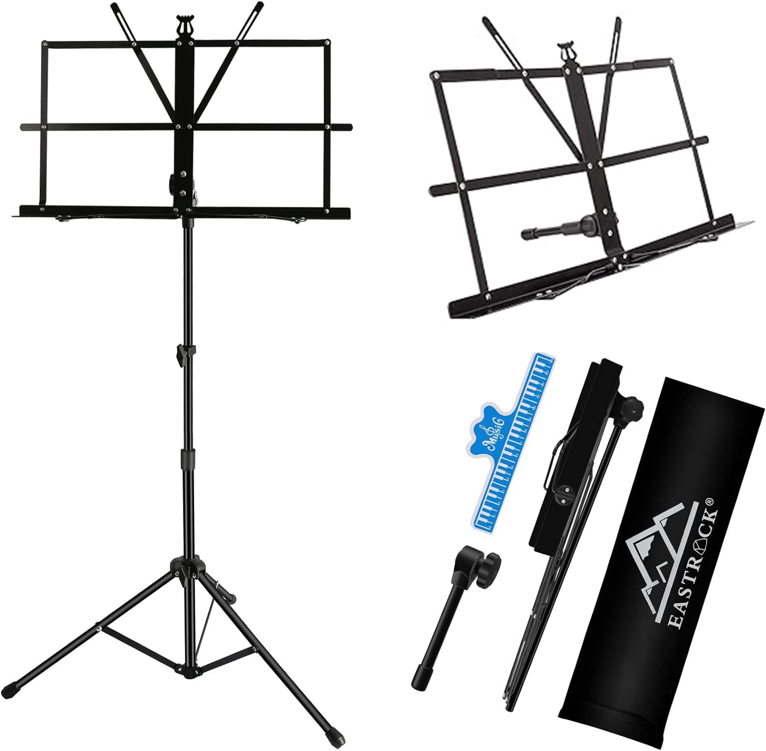 Eastrock Folding Music Sheet Stand 2 In 1 Dual Use Portable Music Stand Lightweight With Carrying Bag, Metal Music Stand Foldabl