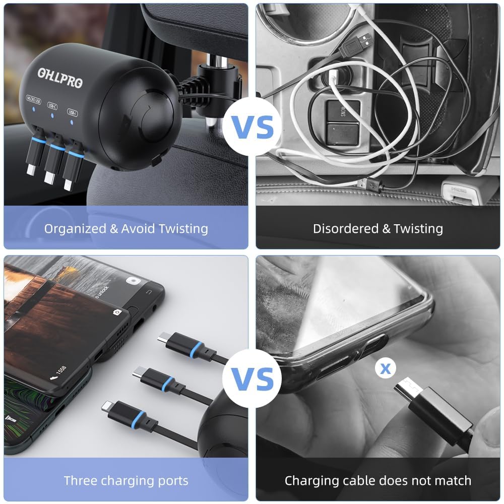 Ohlpro 3-In-1 Retractable Backseat Car Charging Station, 36W Fast Car Charger For All Phones (Iphone, Samsung), Ideal For Lyft,