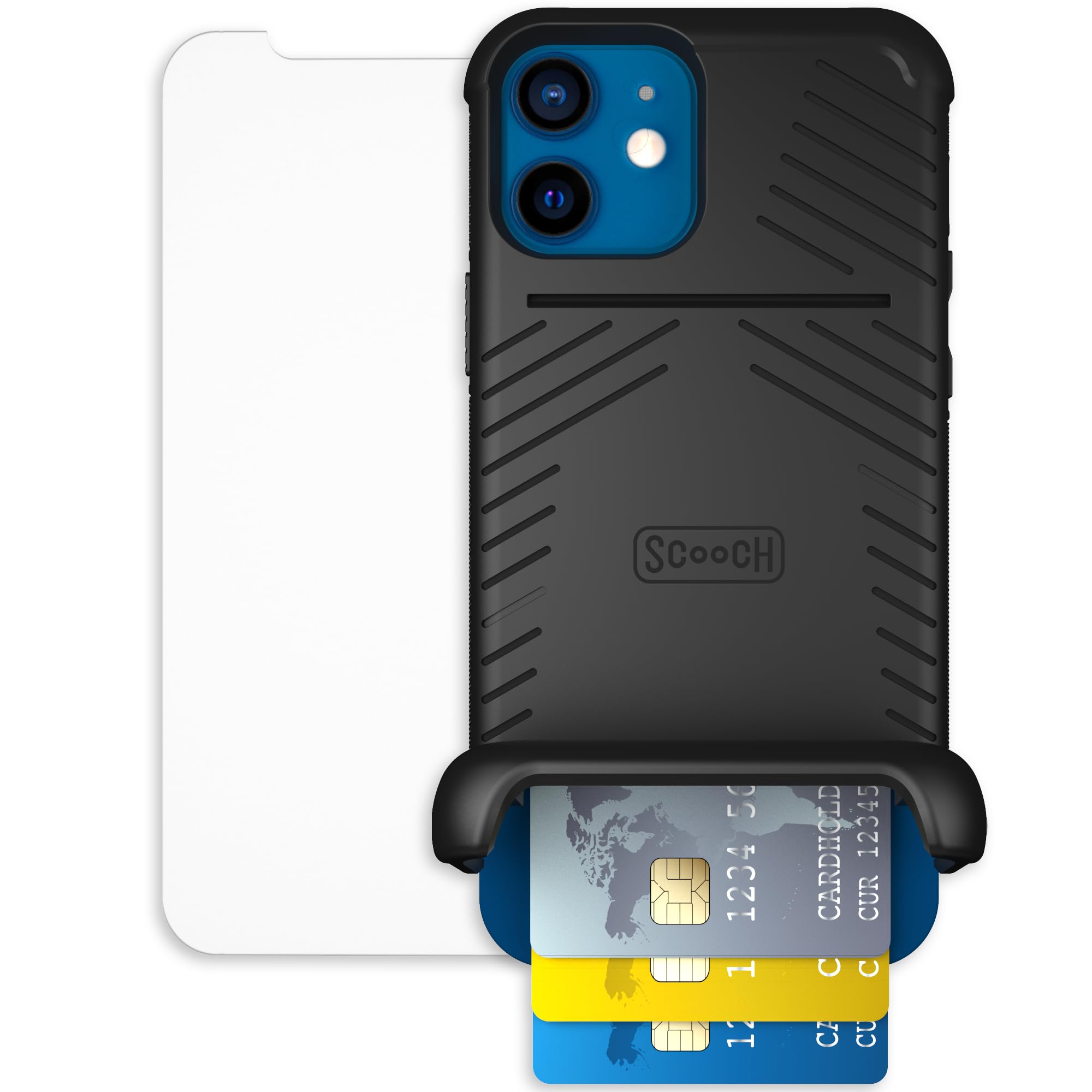Scooch for iPhone 12/12 Pro Case with Card Holder, Wingmate Wallet Case Black, Bundled with Tempered Glass Screen Protector
