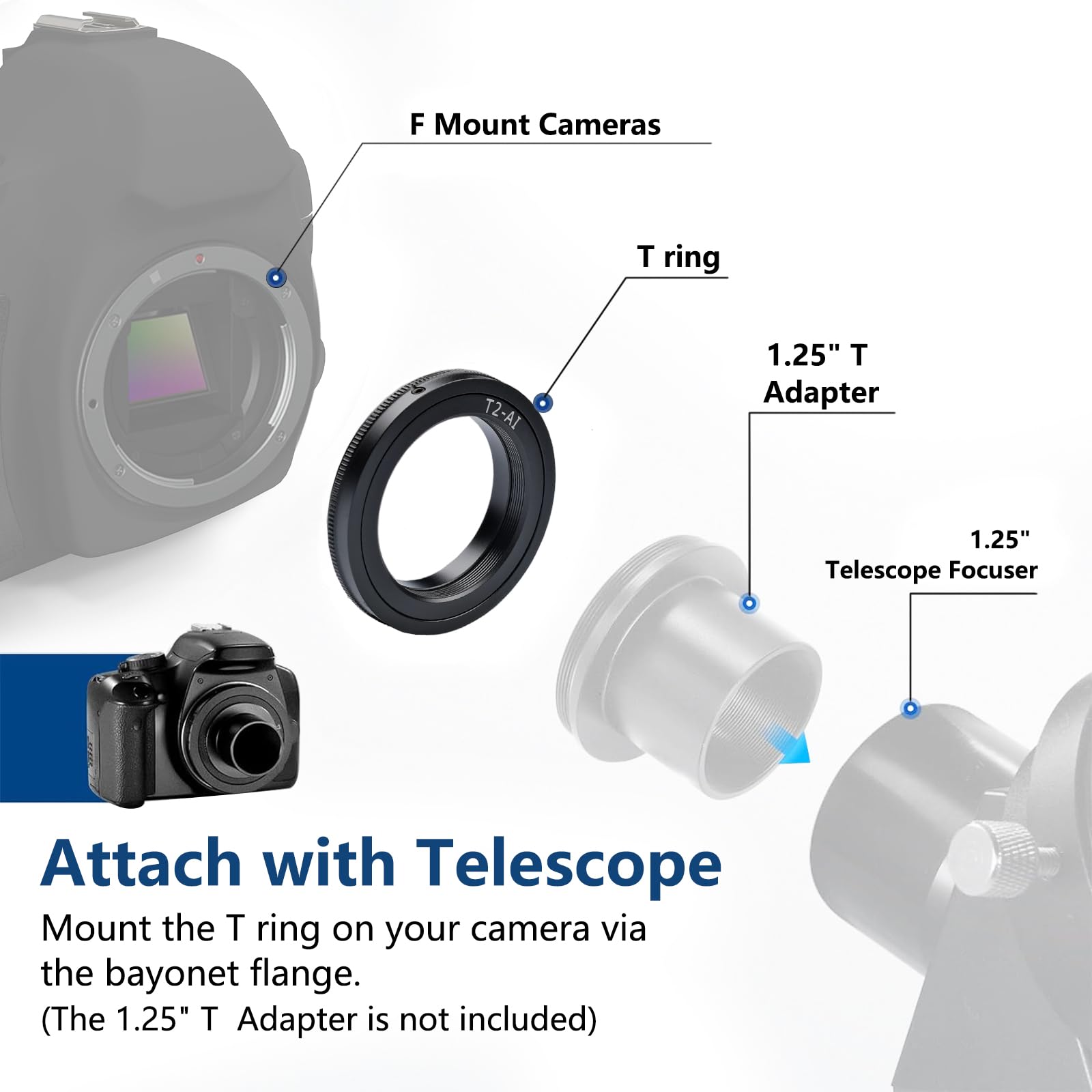 Lightdow T/T2 Mount Lens Adapter Ring For Nikon D5500 D3300 D3200 D5300 D3400 D7200 D750 D3500 D7500 D500 D600 D610 D700 D800 D810 D850 D3100 D5100 D5200 D5600 D7000 D7100