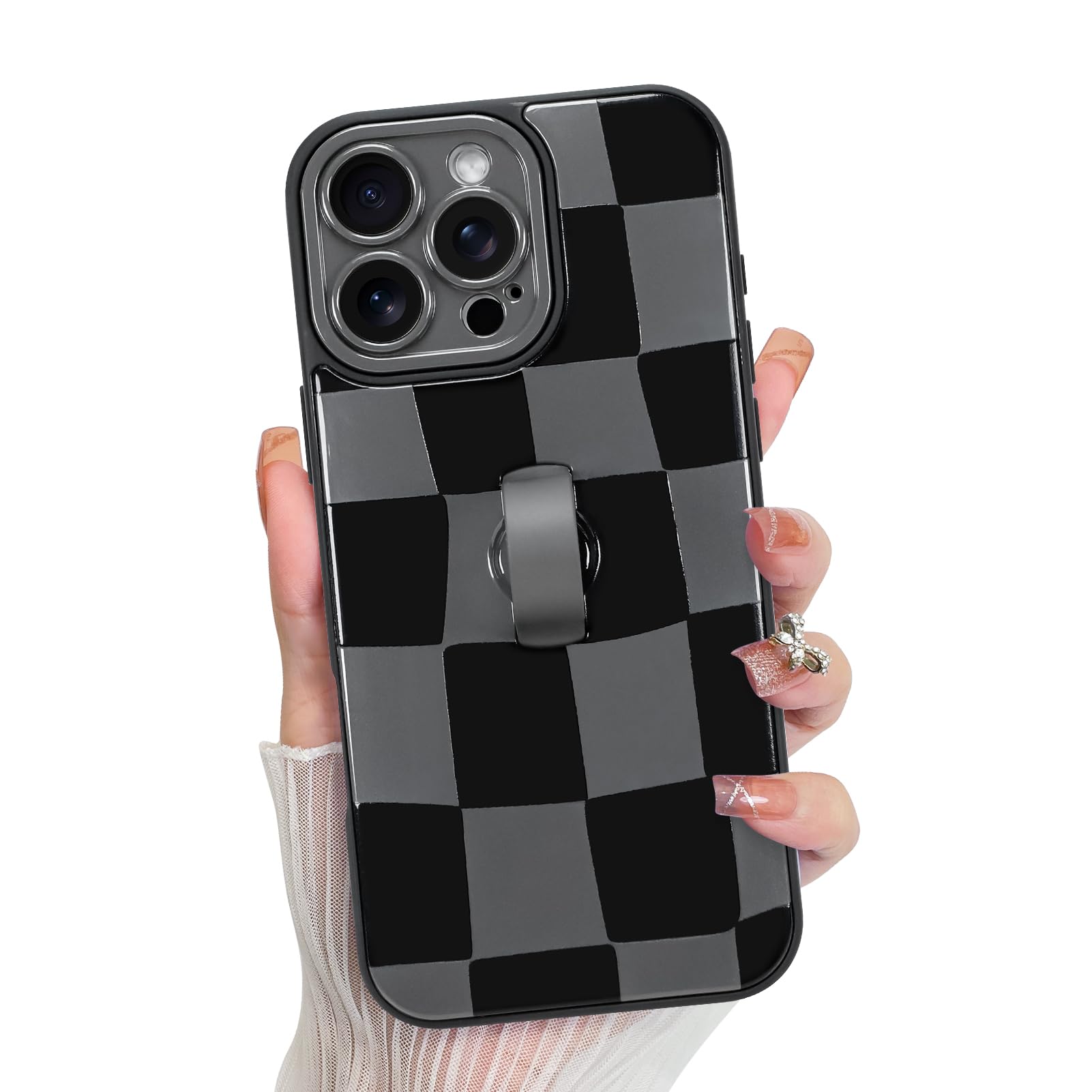 KANGHAR Compatible with iPhone 16 Pro Max Case, Silicone Checkered Cute Pattern, Wristband Kickstand Camera Protection Soft Slim